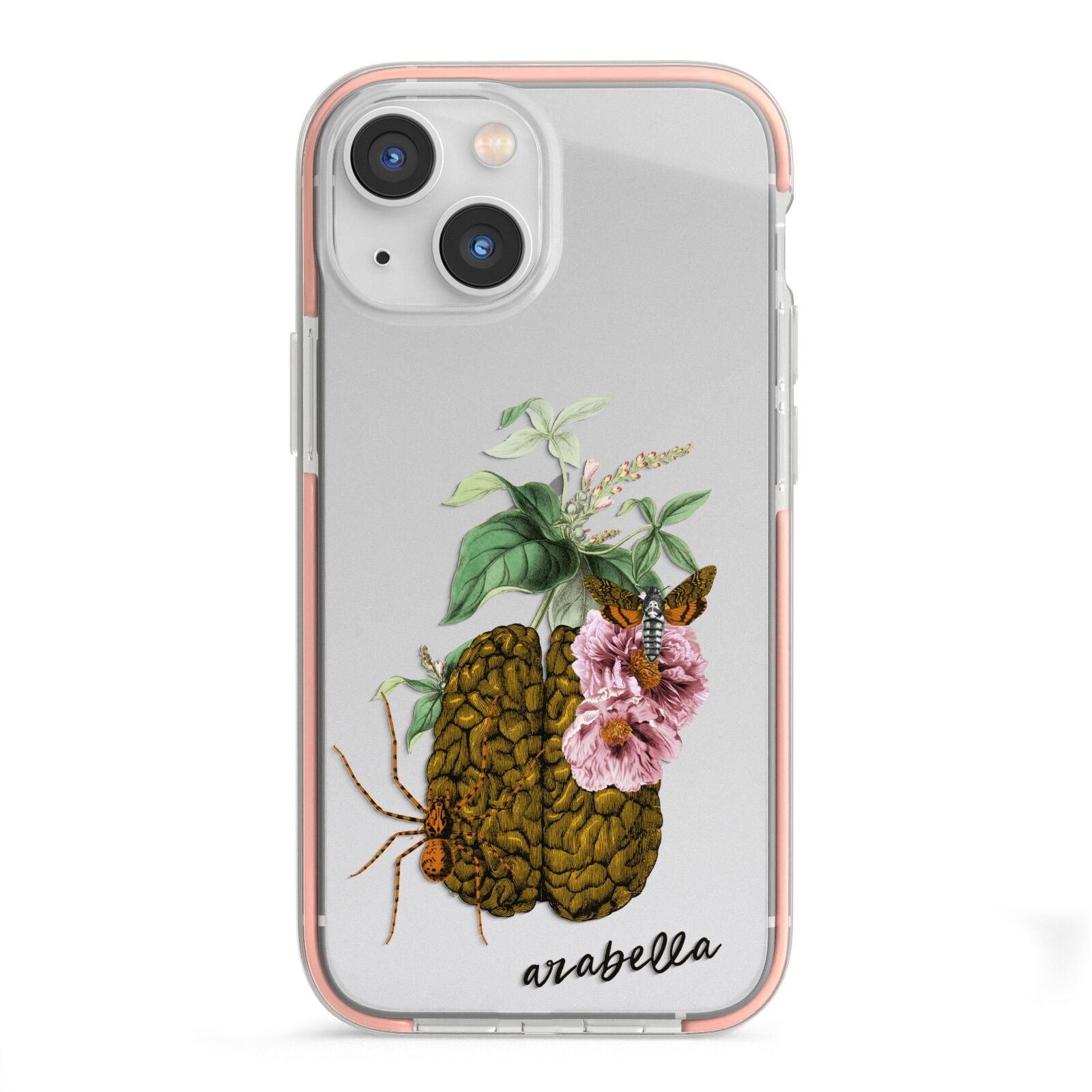 Personalised Vintage Brain Drawing iPhone 13 Mini TPU Impact Case with Pink Edges