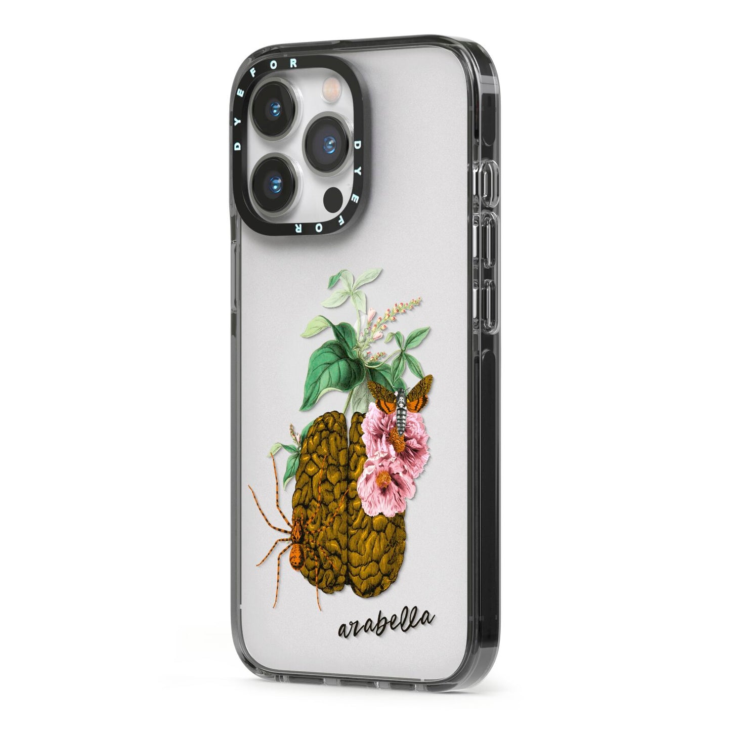 Personalised Vintage Brain Drawing iPhone 13 Pro Black Impact Case Side Angle on Silver phone