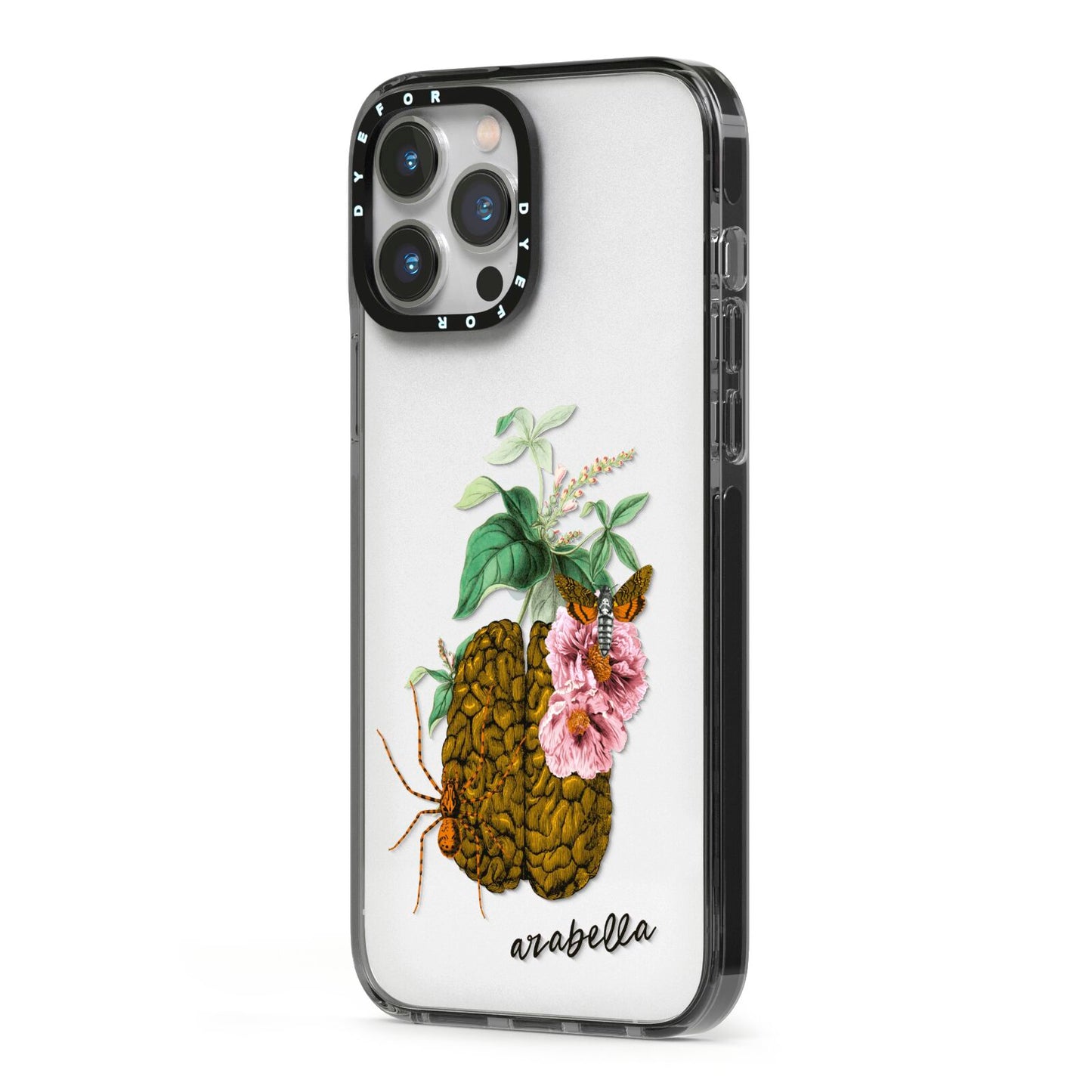 Personalised Vintage Brain Drawing iPhone 13 Pro Max Black Impact Case Side Angle on Silver phone