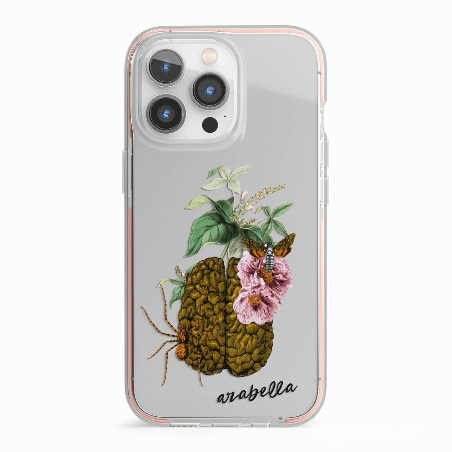 Personalised Vintage Brain Drawing iPhone 13 Pro TPU Impact Case with Pink Edges