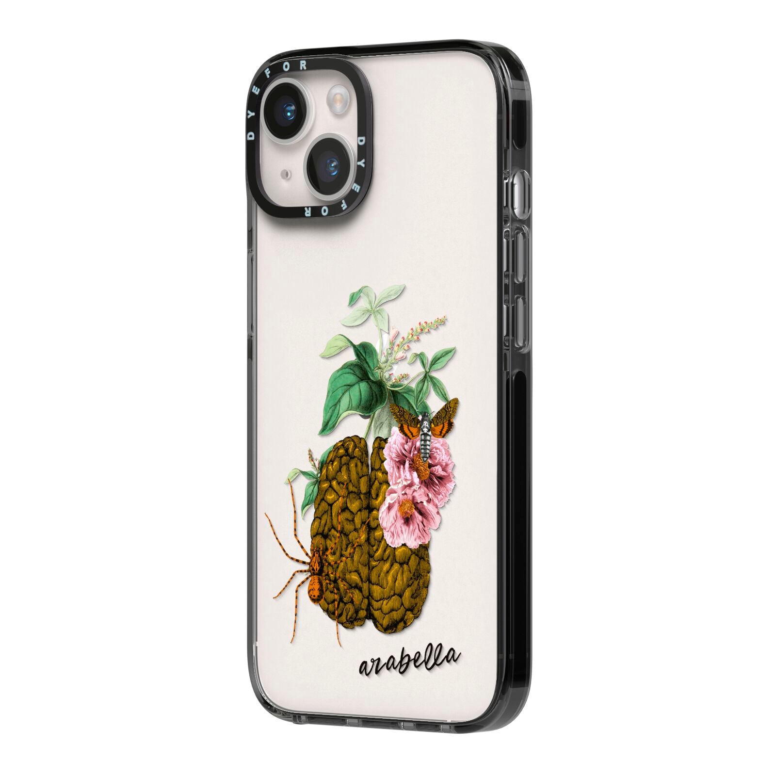 Personalised Vintage Brain Drawing iPhone 14 Black Impact Case Side Angle on Silver phone