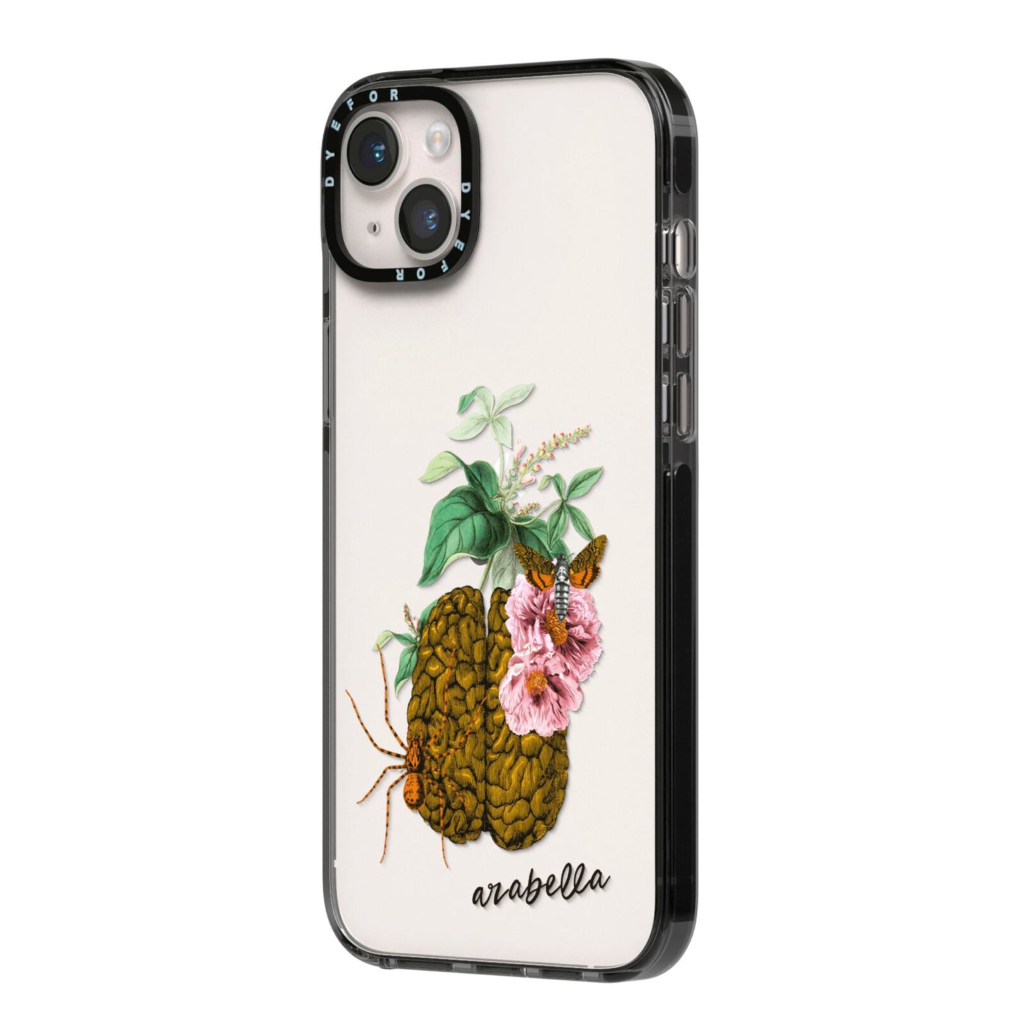 Personalised Vintage Brain Drawing iPhone 14 Plus Black Impact Case Side Angle on Silver phone