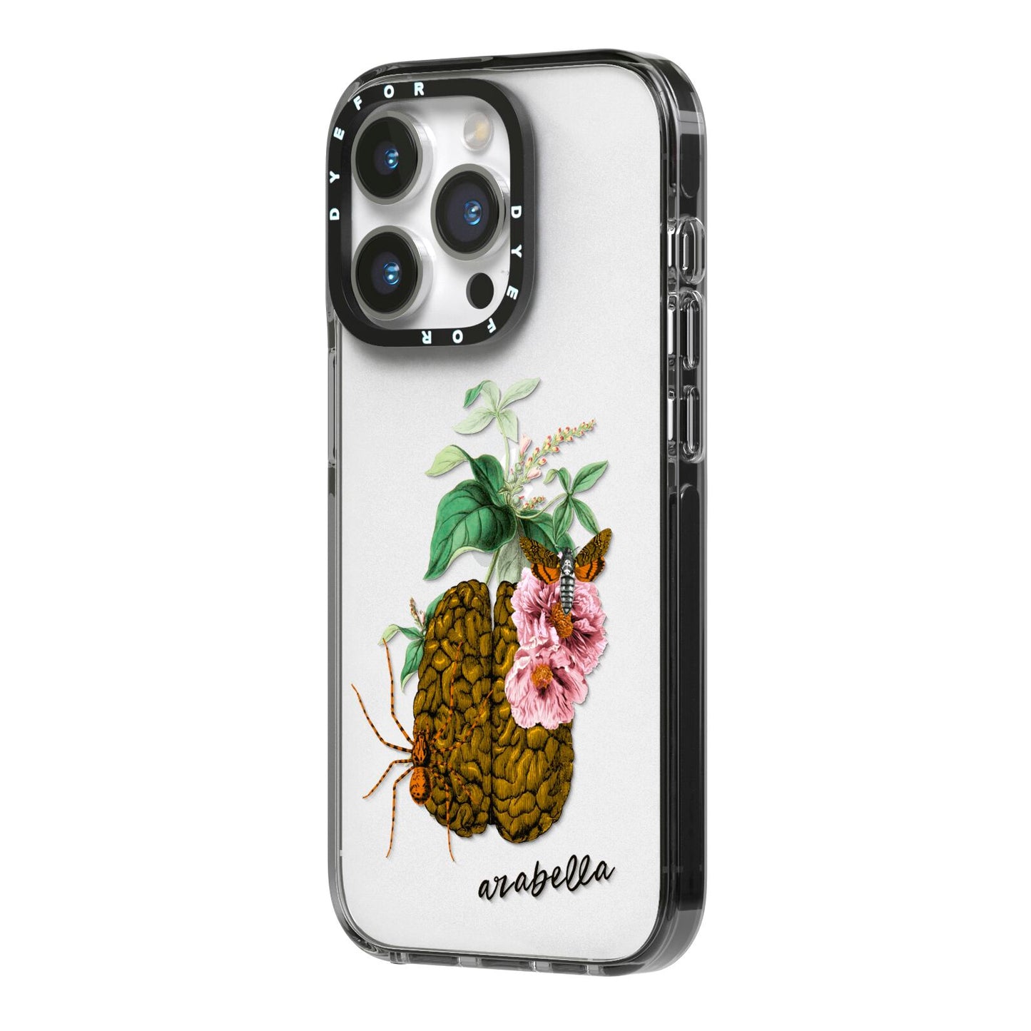 Personalised Vintage Brain Drawing iPhone 14 Pro Black Impact Case Side Angle on Silver phone