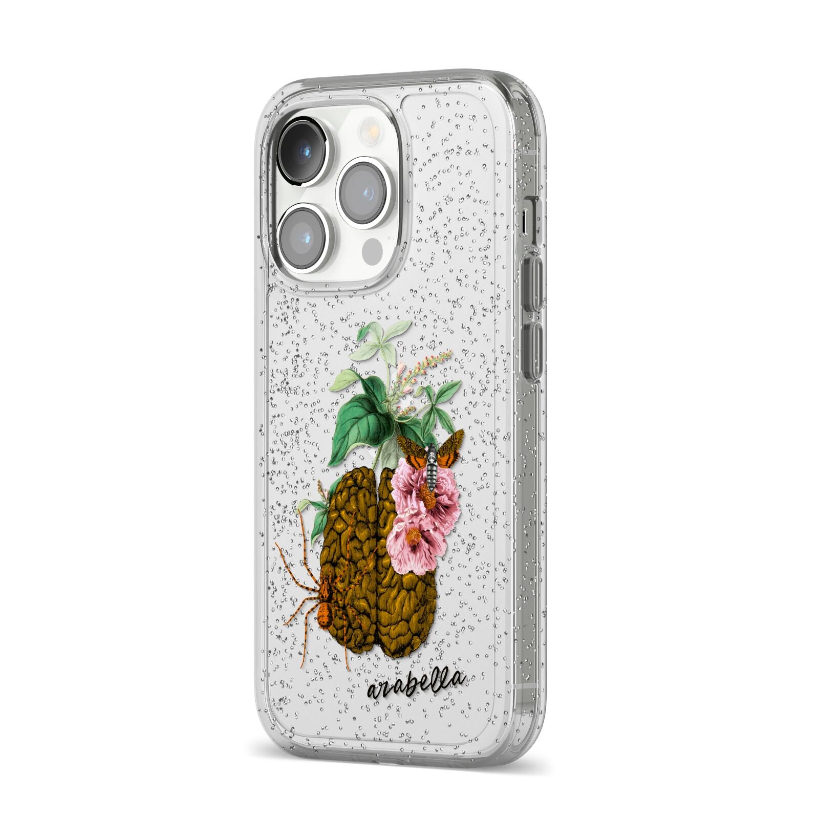 Personalised Vintage Brain Drawing iPhone 14 Pro Glitter Tough Case Silver Angled Image