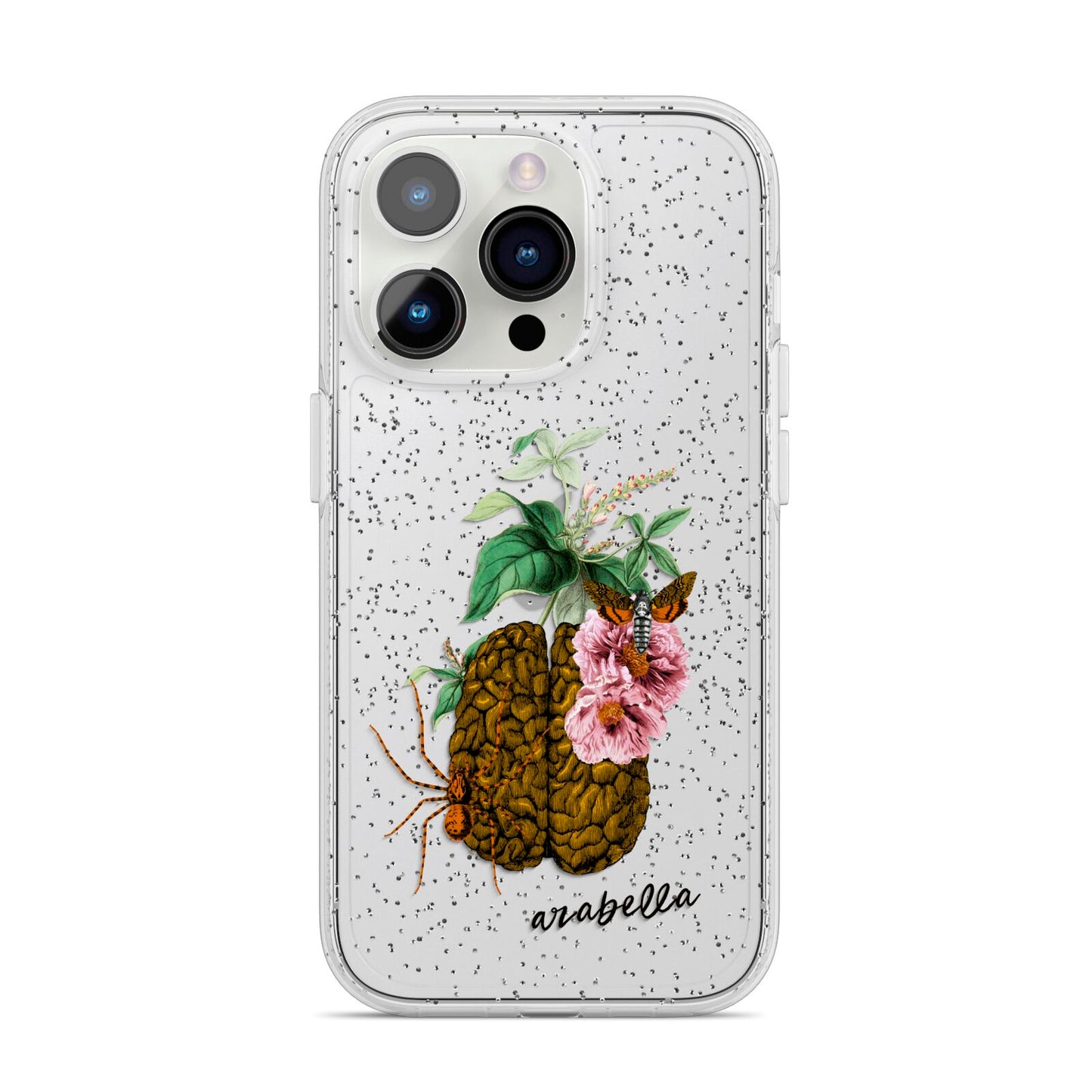 Personalised Vintage Brain Drawing iPhone 14 Pro Glitter Tough Case Silver