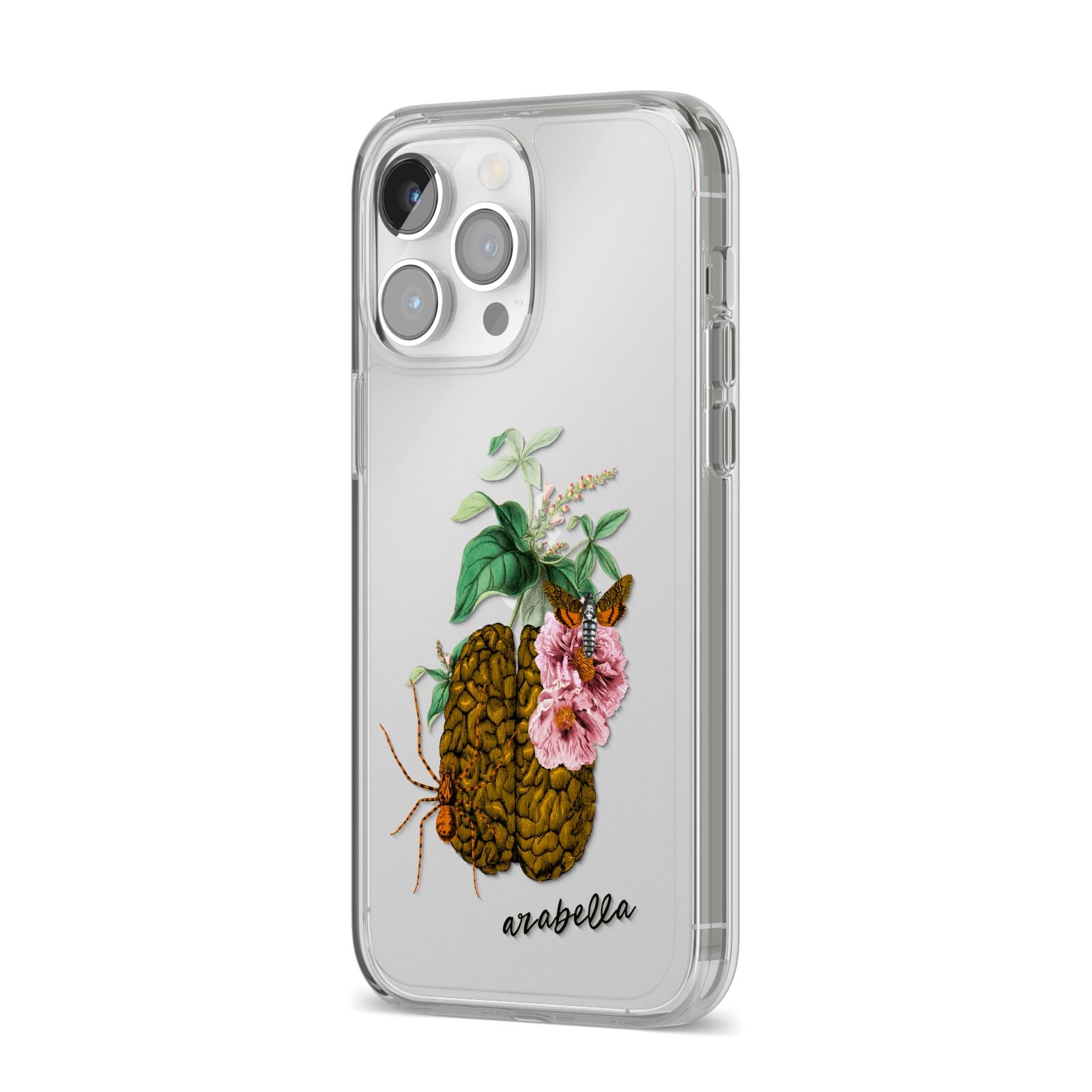 Personalised Vintage Brain Drawing iPhone 14 Pro Max Clear Tough Case Silver Angled Image