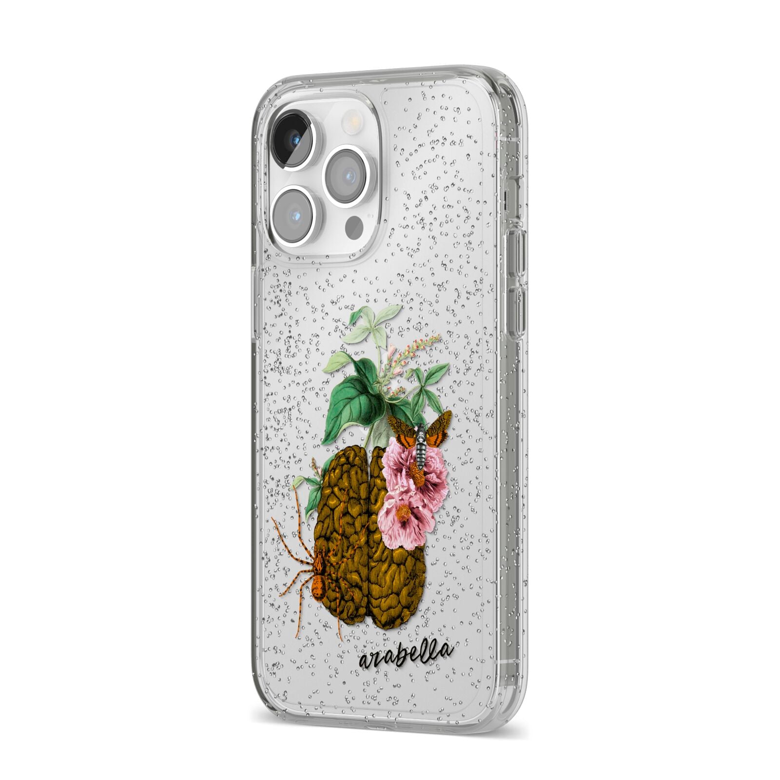 Personalised Vintage Brain Drawing iPhone 14 Pro Max Glitter Tough Case Silver Angled Image