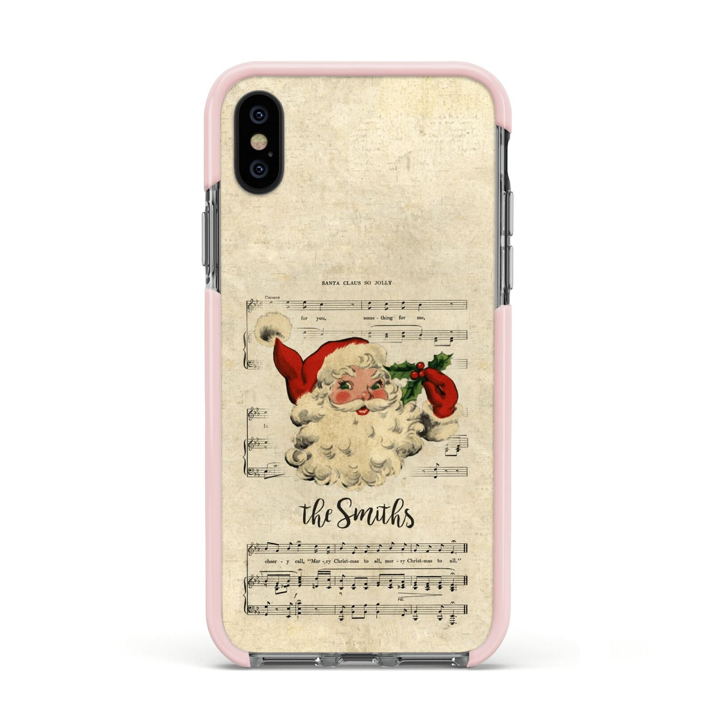 Personalised Vintage Christmas Apple iPhone Xs Impact Case Pink Edge on Black Phone