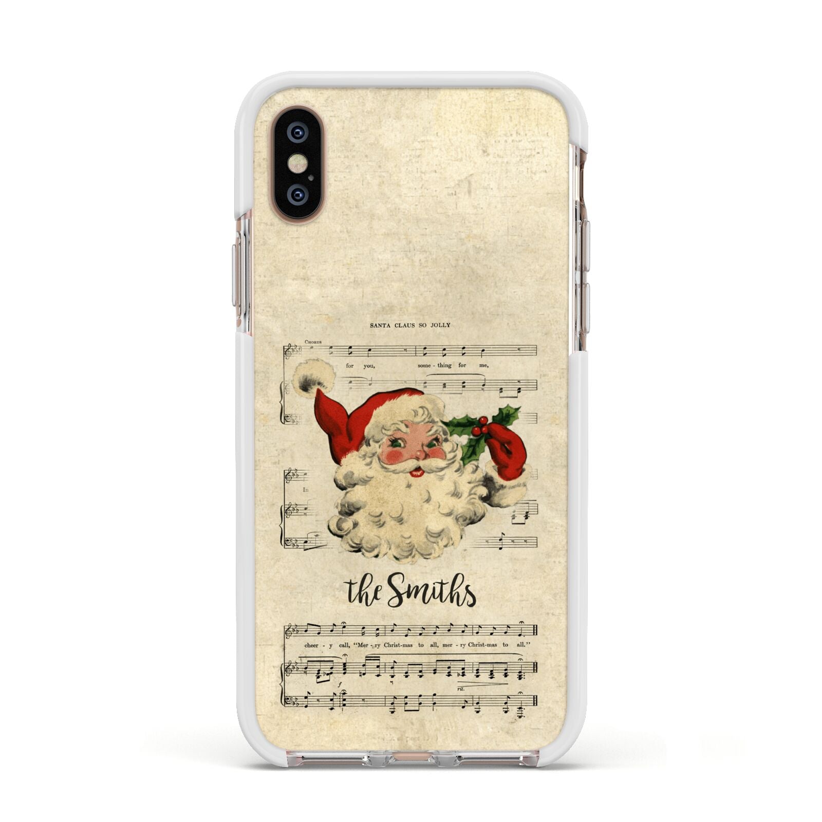 Personalised Vintage Christmas Apple iPhone Xs Impact Case White Edge on Gold Phone
