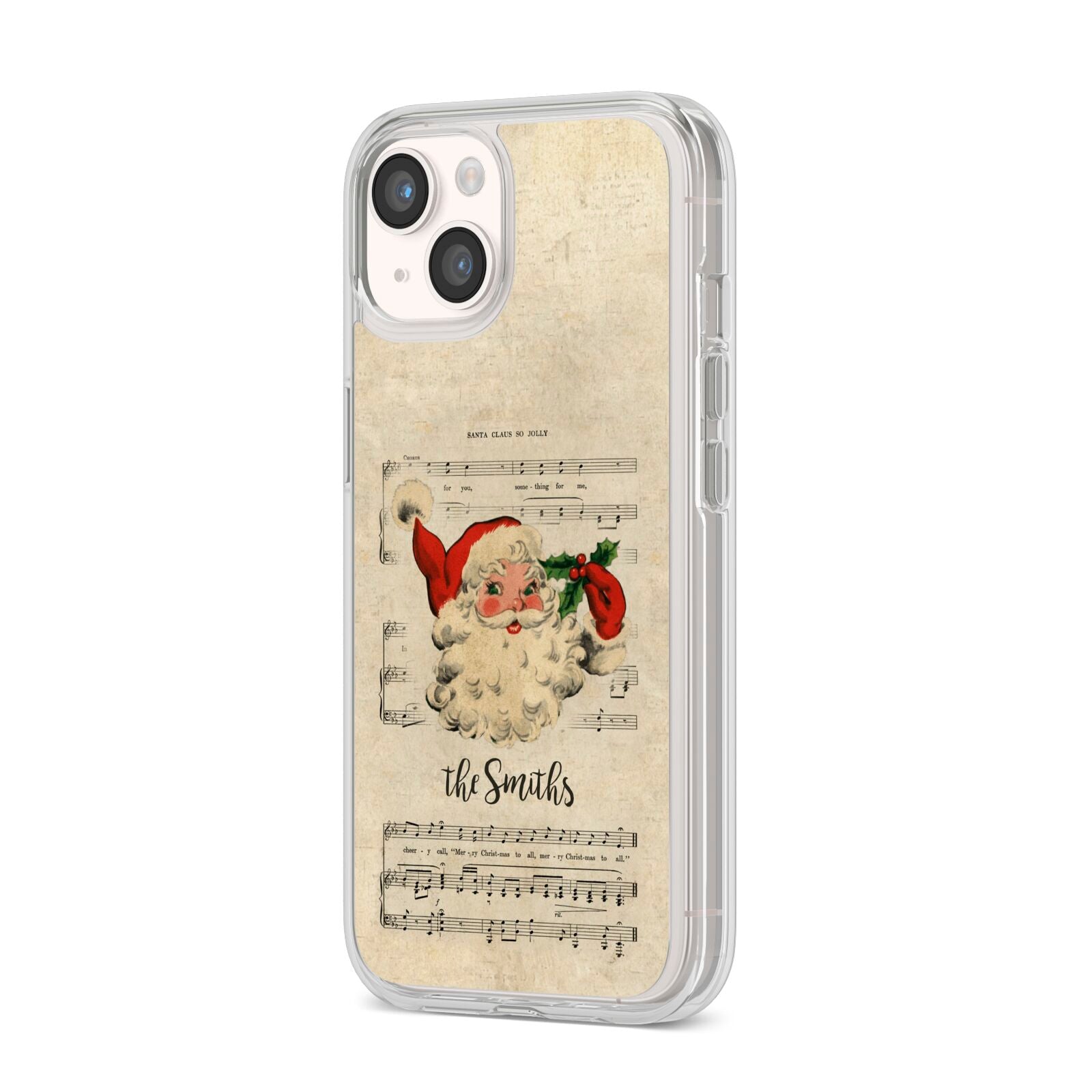 Personalised Vintage Christmas iPhone 14 Clear Tough Case Starlight Angled Image