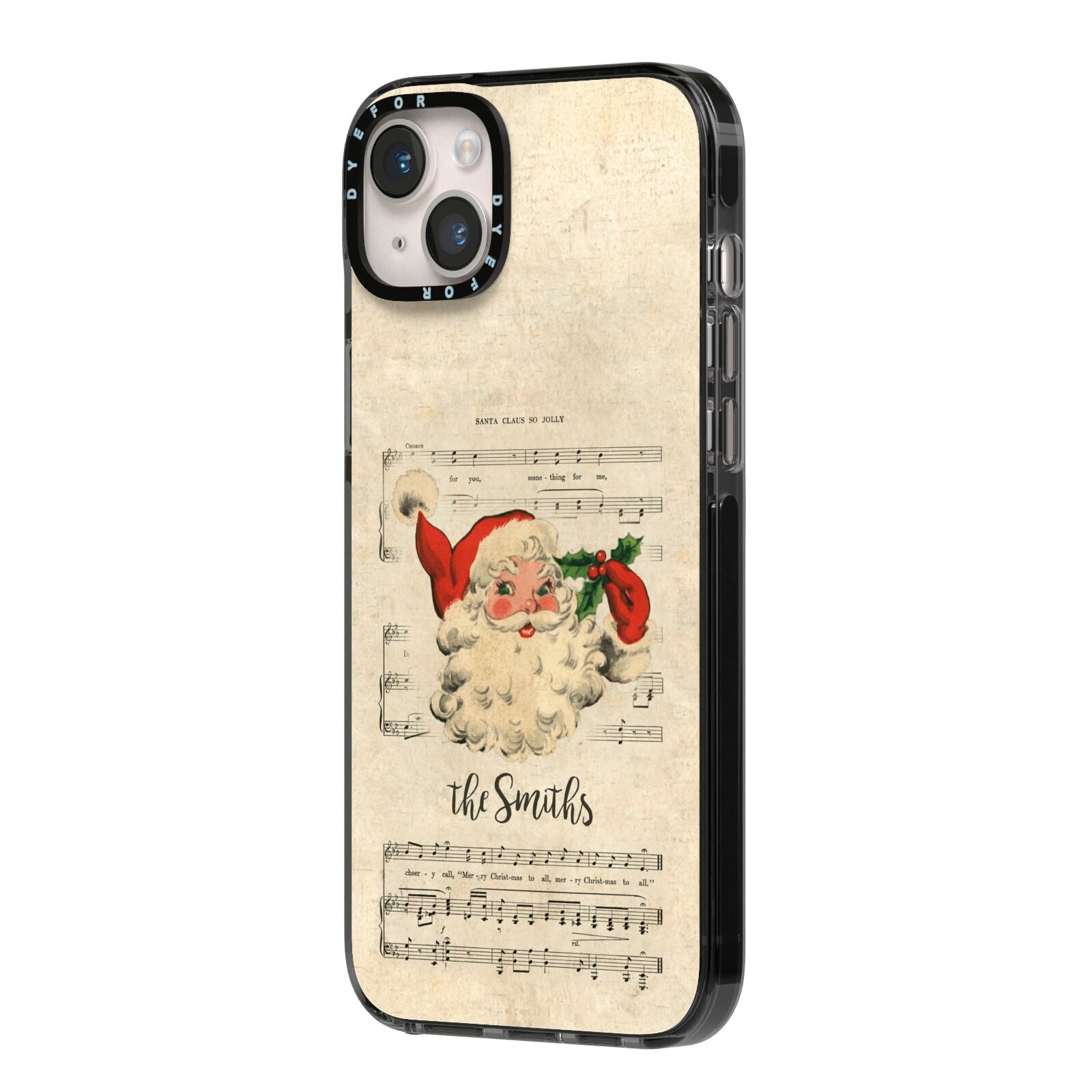 Personalised Vintage Christmas iPhone 14 Plus Black Impact Case Side Angle on Silver phone