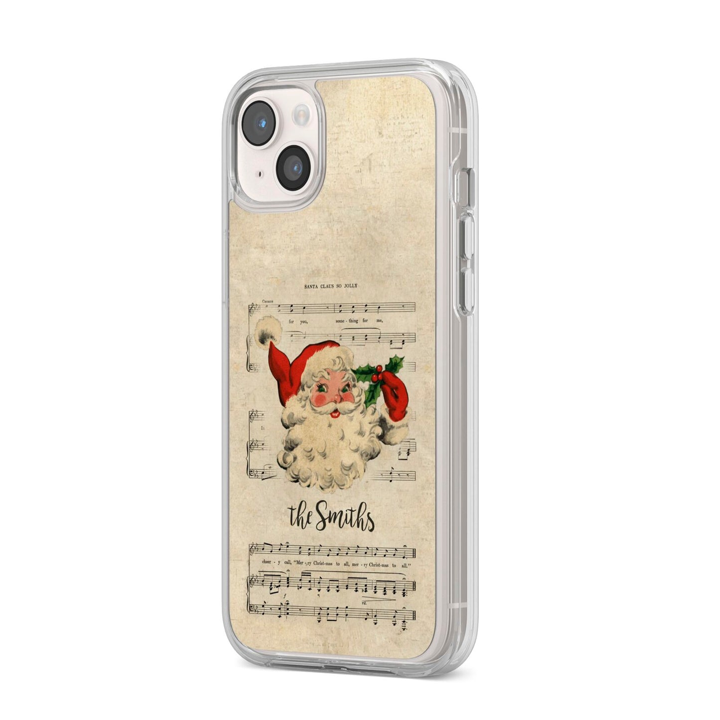 Personalised Vintage Christmas iPhone 14 Plus Clear Tough Case Starlight Angled Image