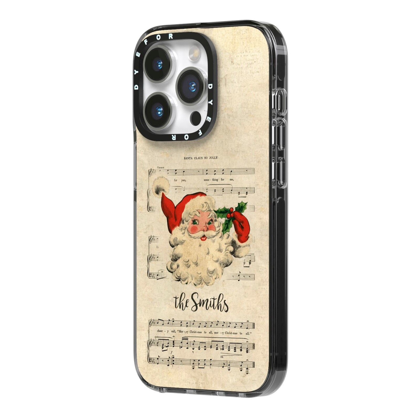 Personalised Vintage Christmas iPhone 14 Pro Black Impact Case Side Angle on Silver phone