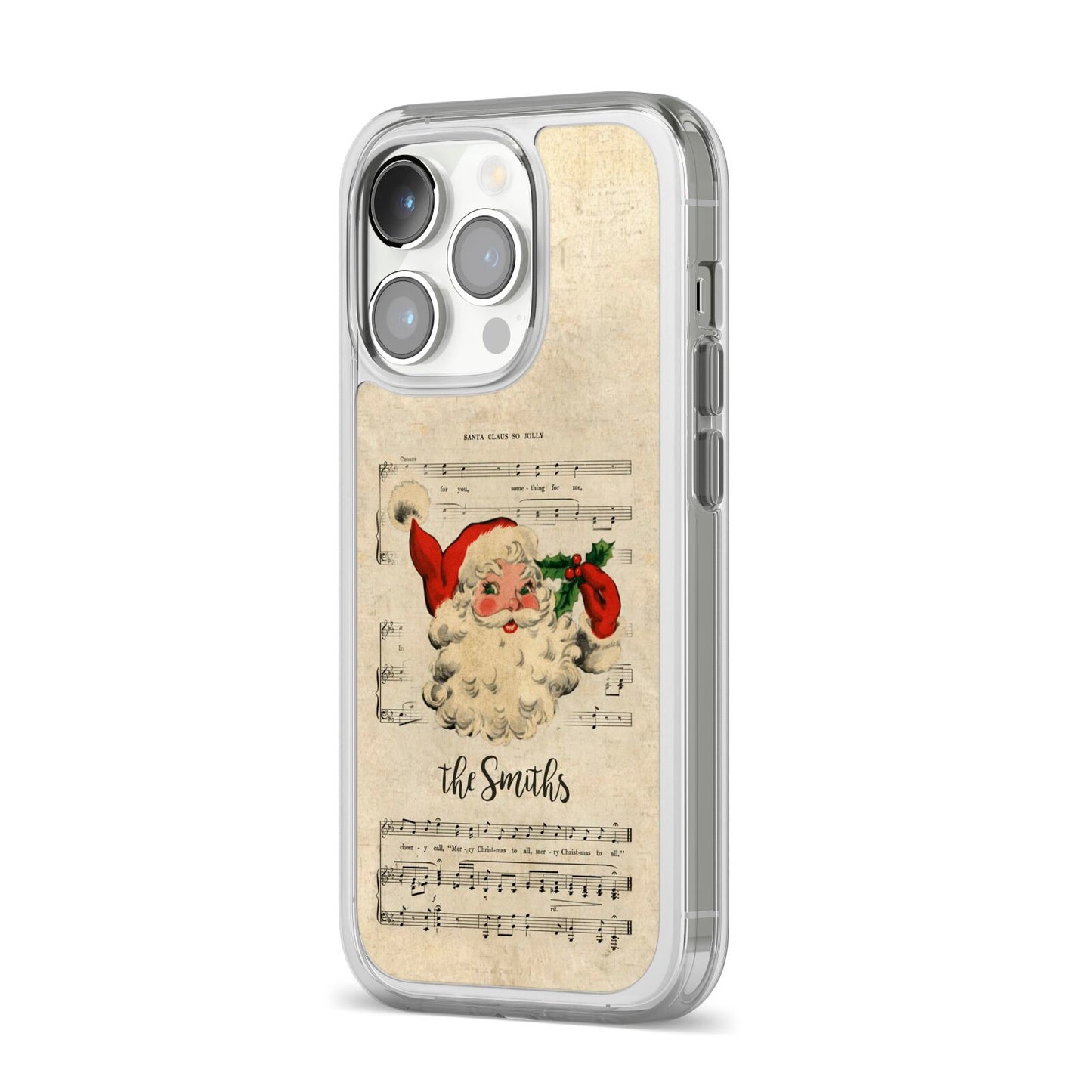 Personalised Vintage Christmas iPhone 14 Pro Clear Tough Case Silver Angled Image