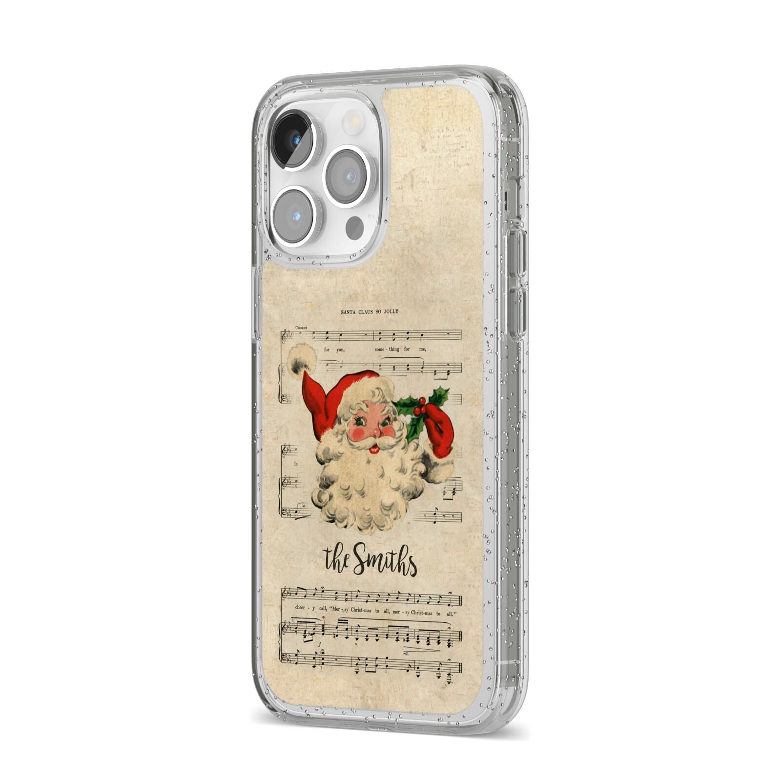 Personalised Vintage Christmas iPhone 14 Pro Max Glitter Tough Case Silver Angled Image