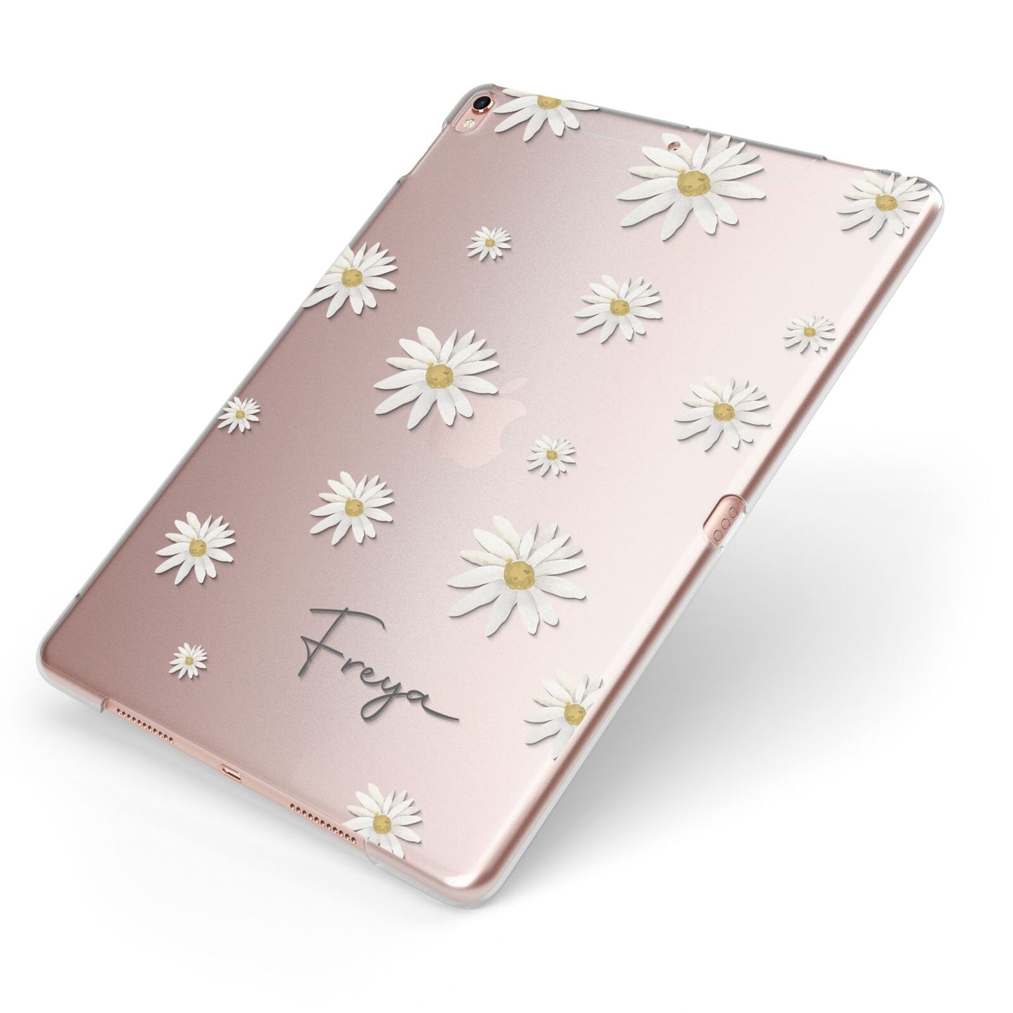 Personalised Vintage Daisy Apple iPad Case on Rose Gold iPad Side View