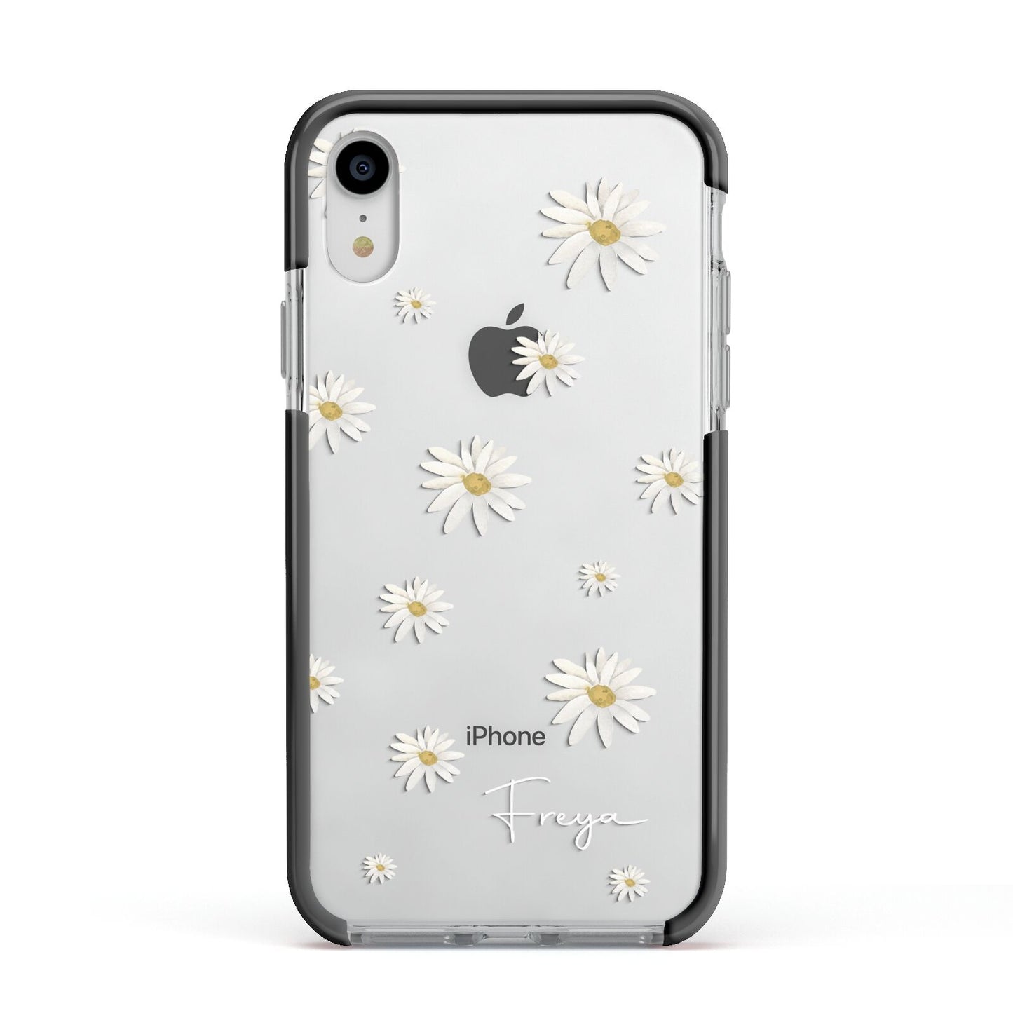 Personalised Vintage Daisy Apple iPhone XR Impact Case Black Edge on Silver Phone