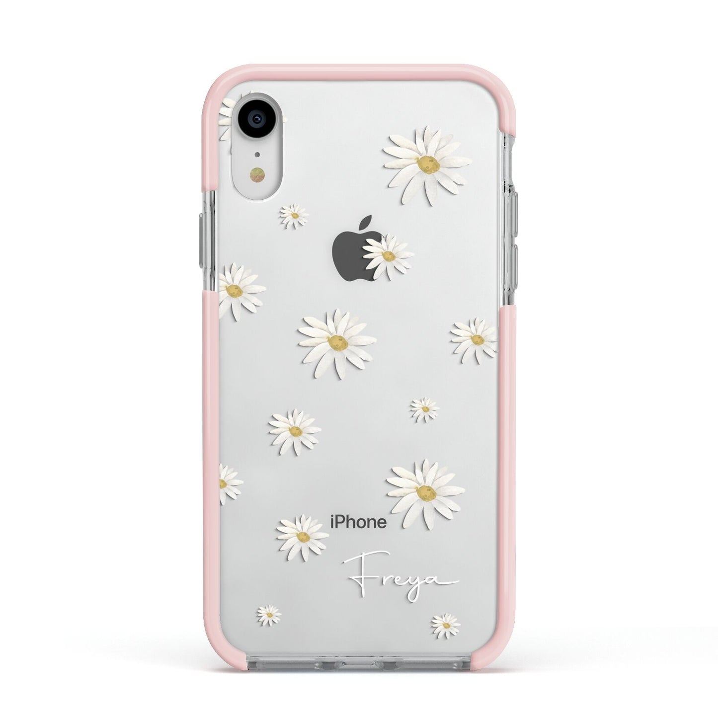 Personalised Vintage Daisy Apple iPhone XR Impact Case Pink Edge on Silver Phone