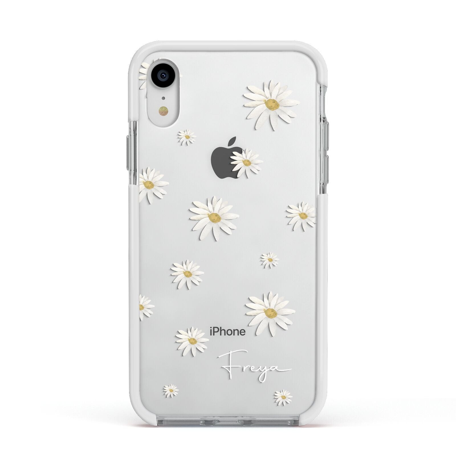 Personalised Vintage Daisy Apple iPhone XR Impact Case White Edge on Silver Phone