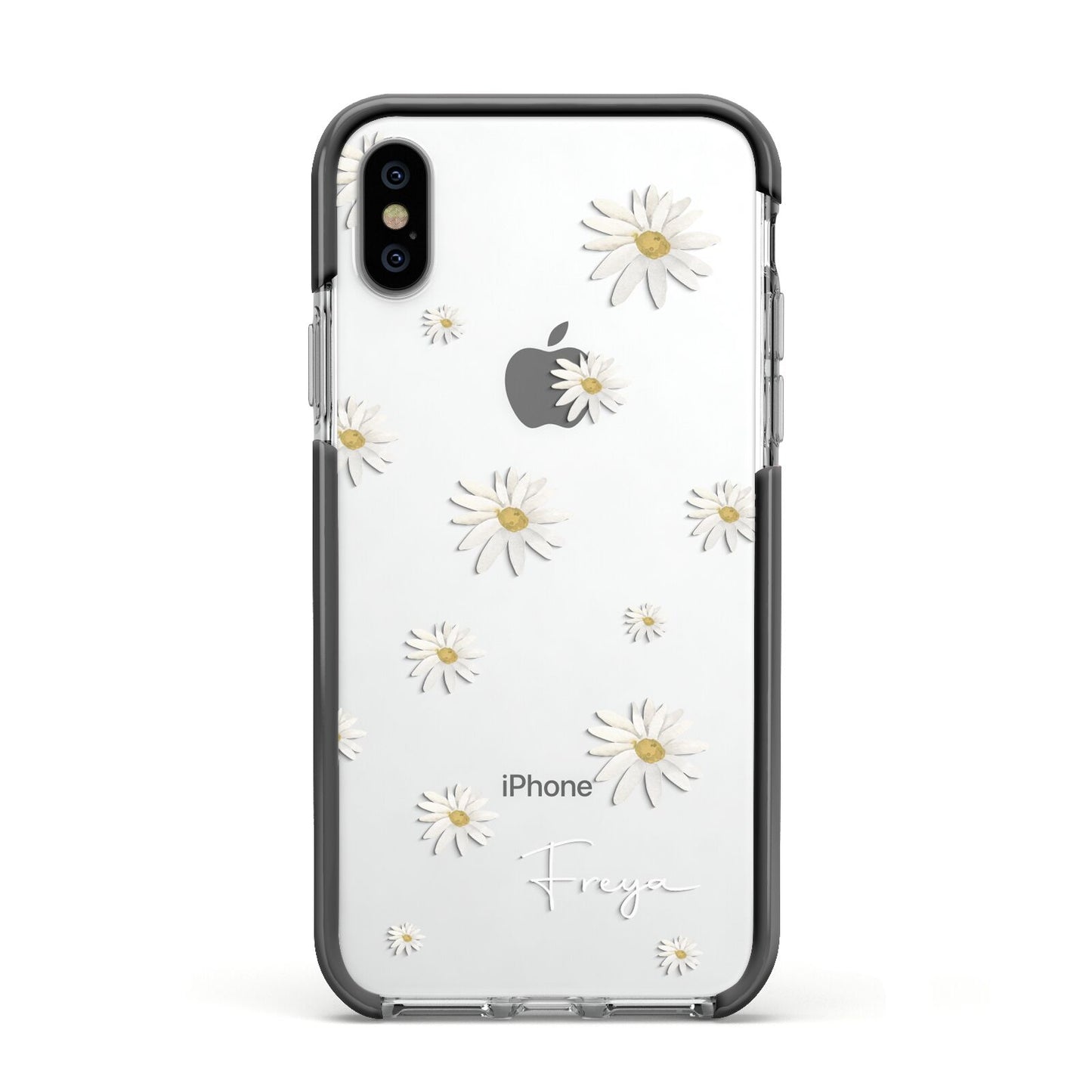 Personalised Vintage Daisy Apple iPhone Xs Impact Case Black Edge on Silver Phone
