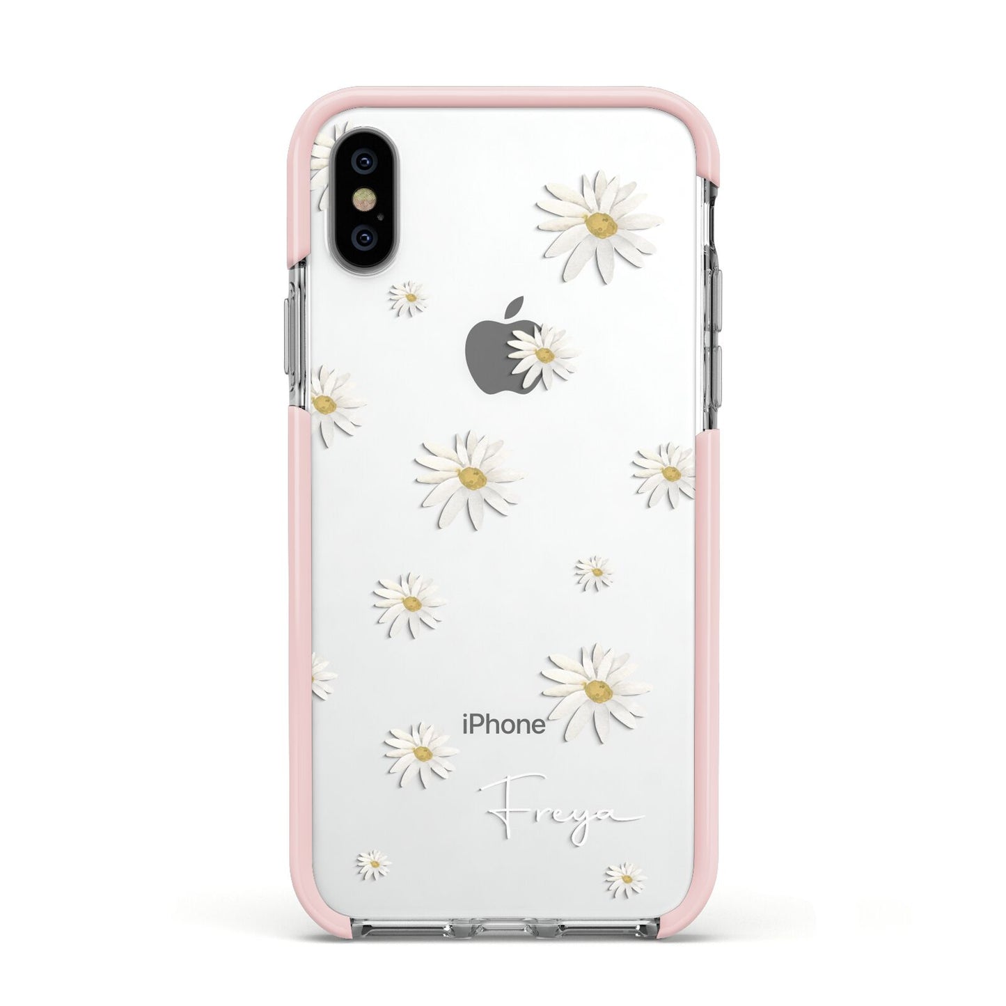 Personalised Vintage Daisy Apple iPhone Xs Impact Case Pink Edge on Silver Phone