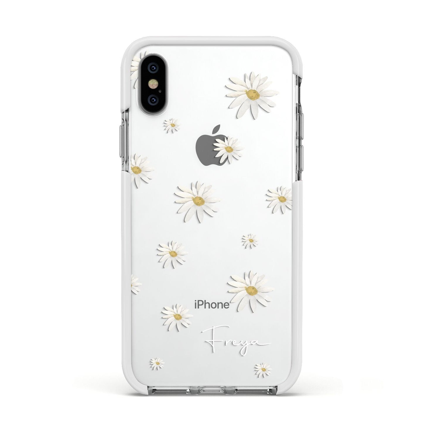 Personalised Vintage Daisy Apple iPhone Xs Impact Case White Edge on Silver Phone