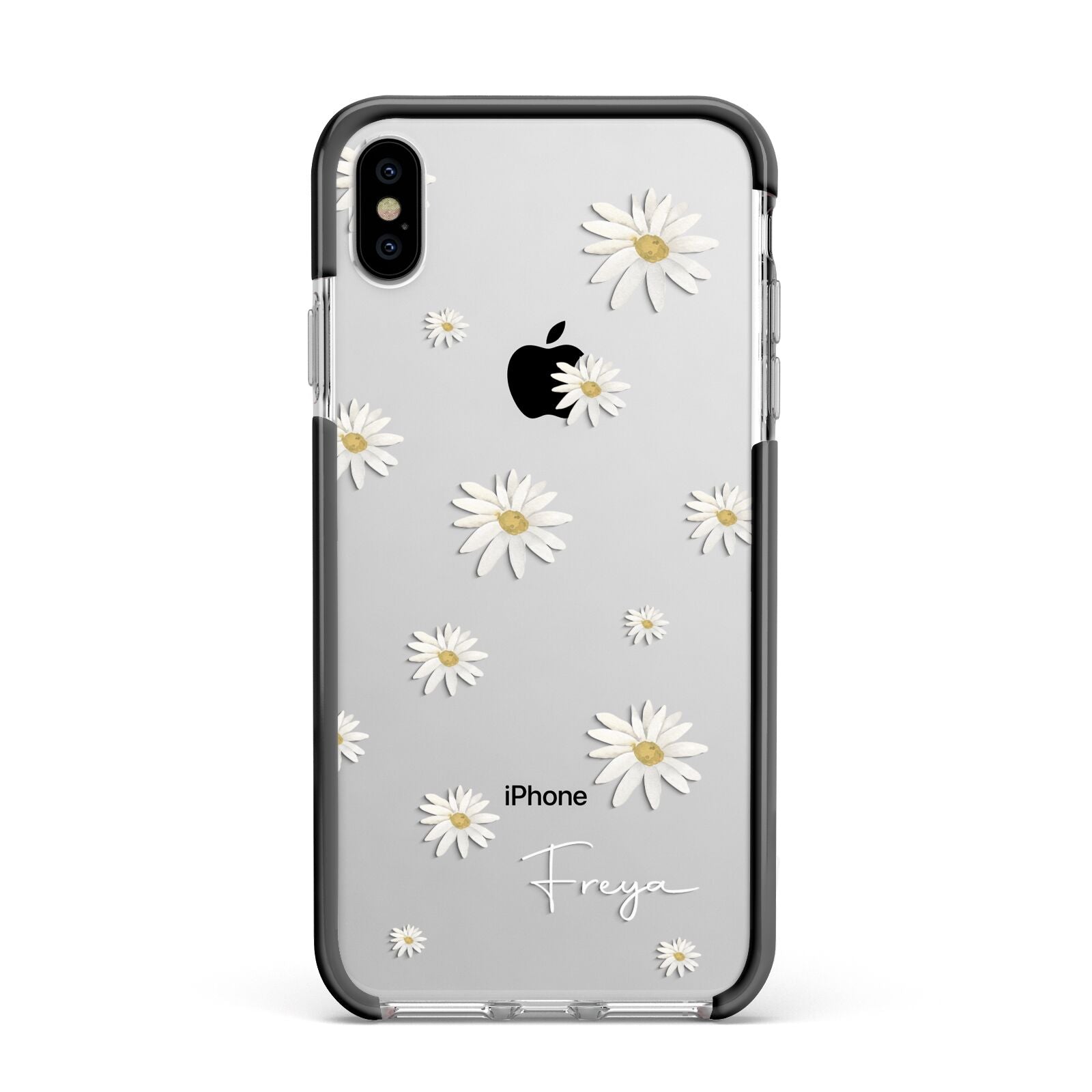 Personalised Vintage Daisy Apple iPhone Xs Max Impact Case Black Edge on Silver Phone