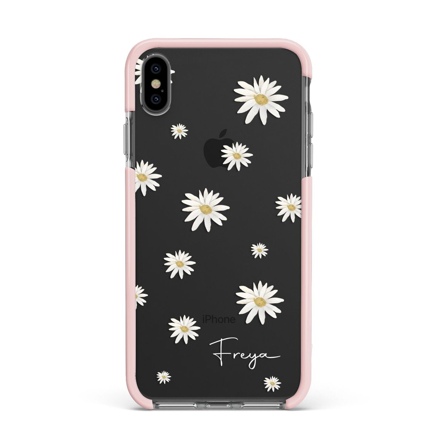 Personalised Vintage Daisy Apple iPhone Xs Max Impact Case Pink Edge on Black Phone