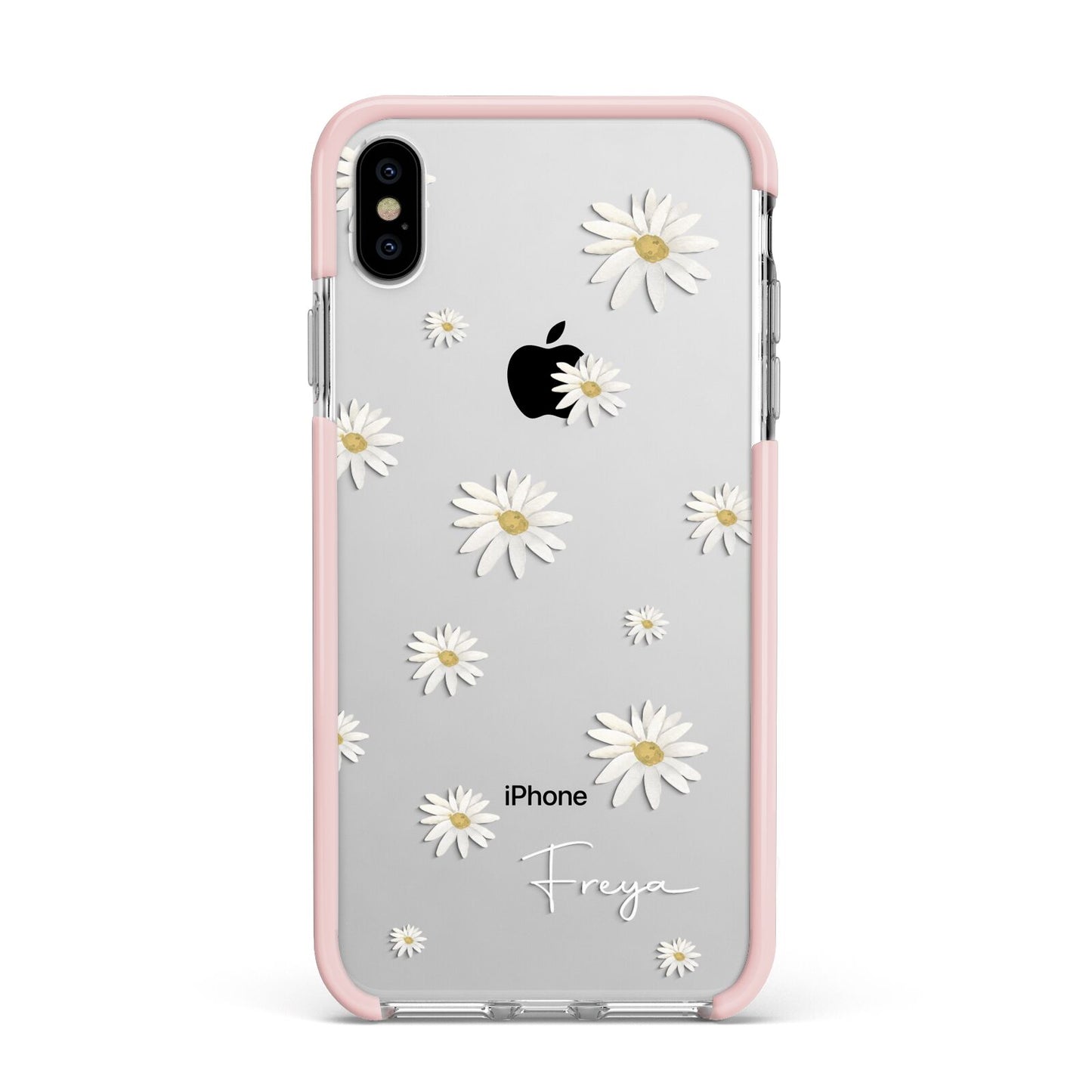 Personalised Vintage Daisy Apple iPhone Xs Max Impact Case Pink Edge on Silver Phone
