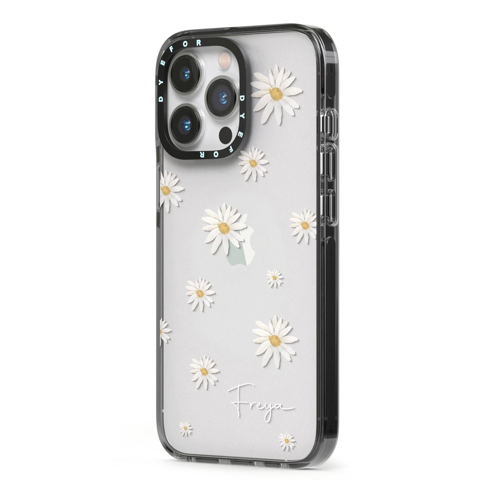 Personalised Vintage Daisy iPhone 13 Pro Black Impact Case Side Angle on Silver phone