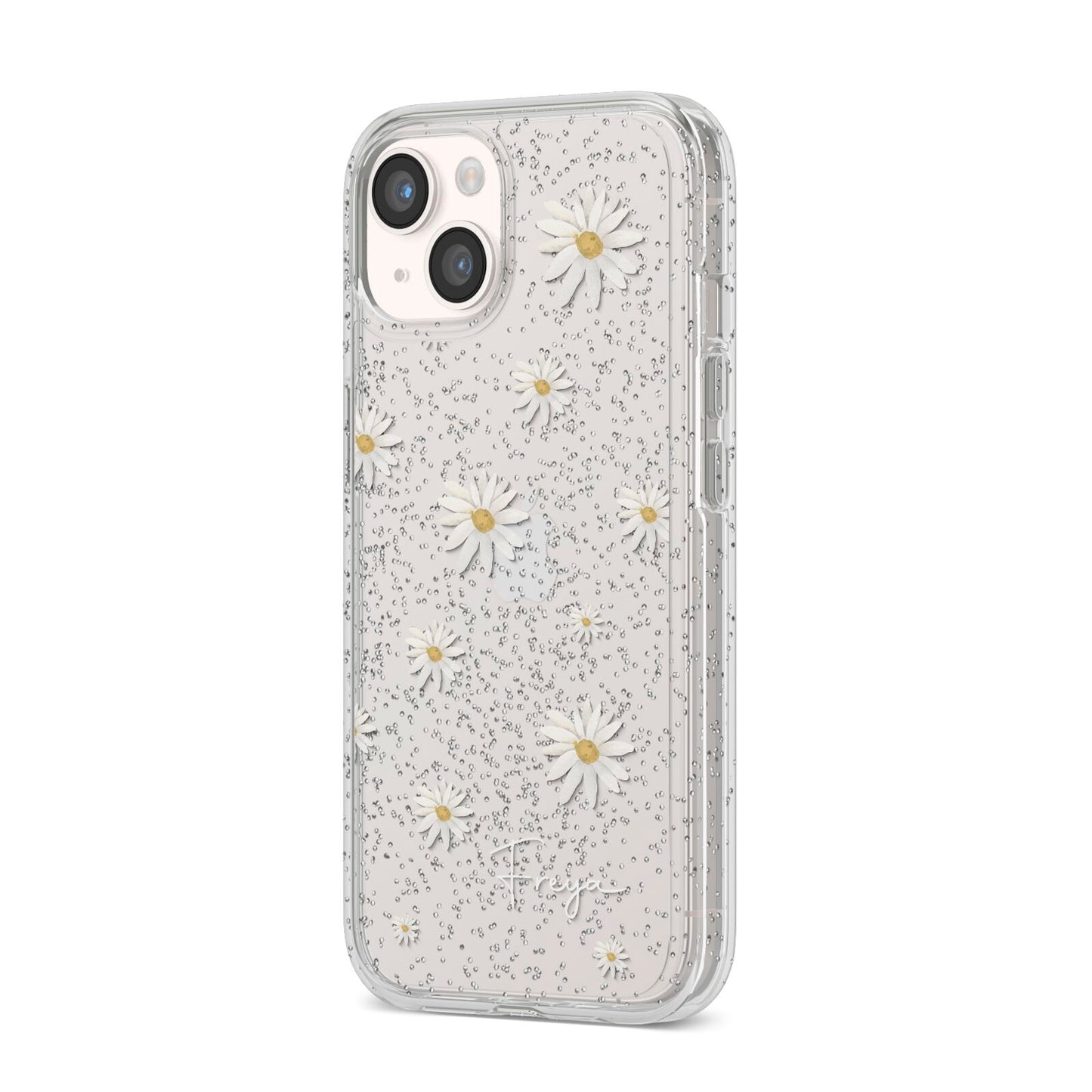 Personalised Vintage Daisy iPhone 14 Glitter Tough Case Starlight Angled Image