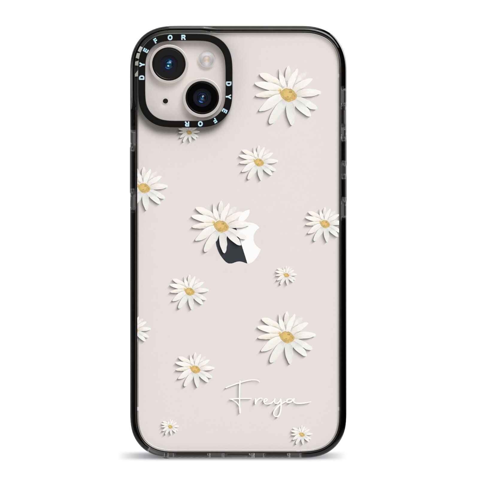 Personalised Vintage Daisy iPhone 14 Plus Black Impact Case on Silver phone