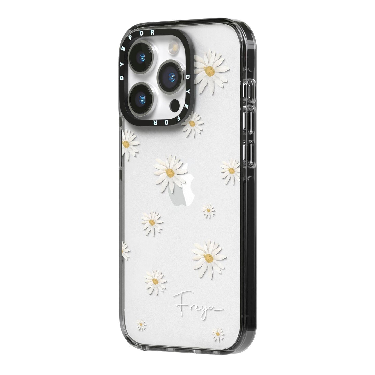 Personalised Vintage Daisy iPhone 14 Pro Black Impact Case Side Angle on Silver phone
