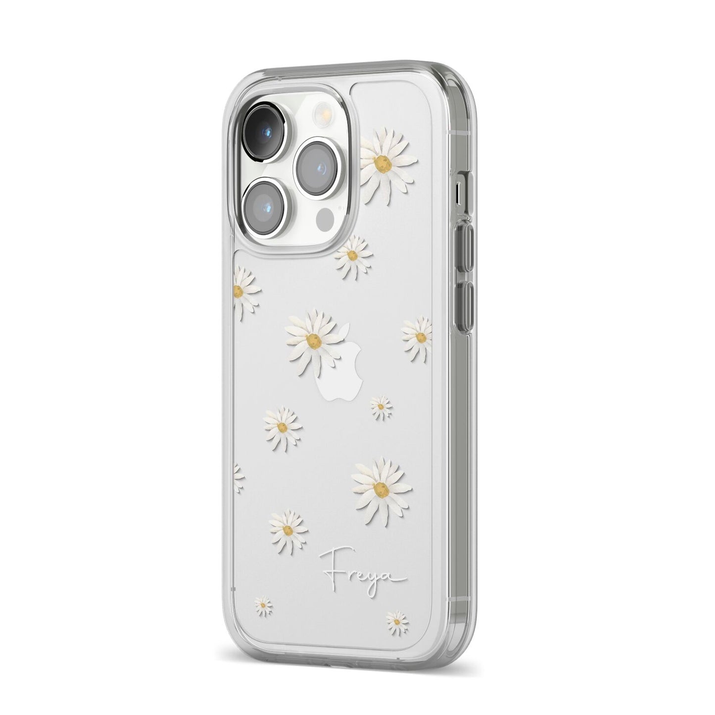 Personalised Vintage Daisy iPhone 14 Pro Clear Tough Case Silver Angled Image