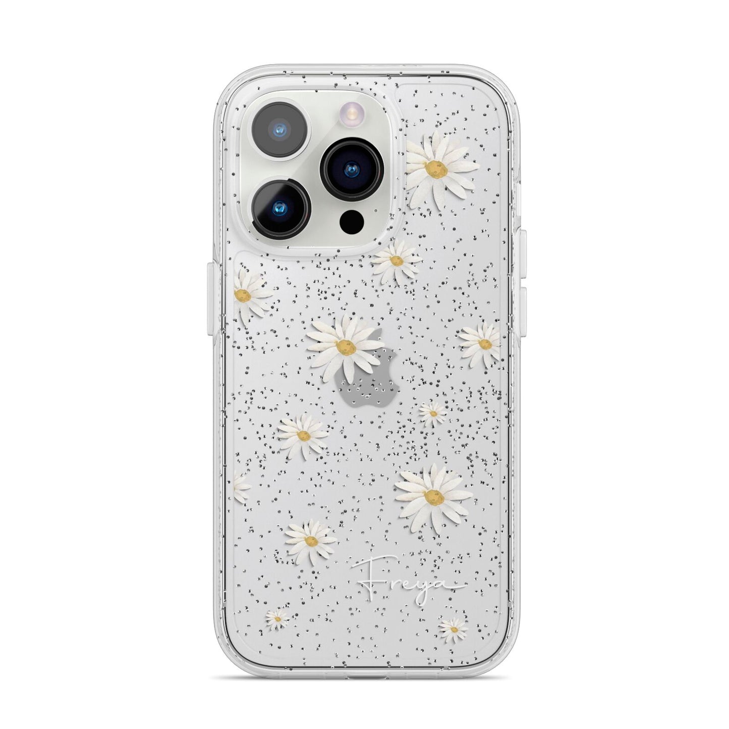 Personalised Vintage Daisy iPhone 14 Pro Glitter Tough Case Silver