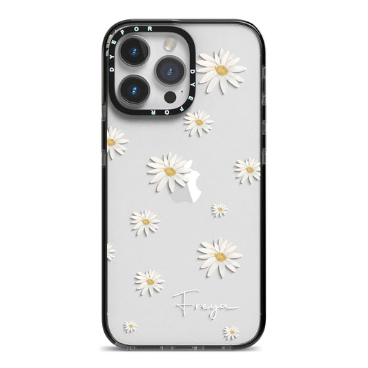 Personalised Vintage Daisy iPhone 14 Pro Max Black Impact Case on Silver phone