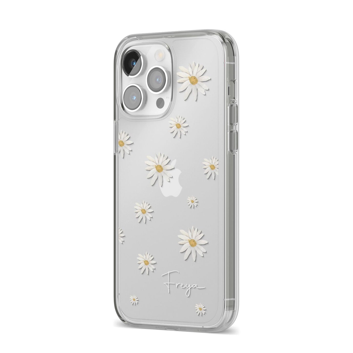 Personalised Vintage Daisy iPhone 14 Pro Max Clear Tough Case Silver Angled Image
