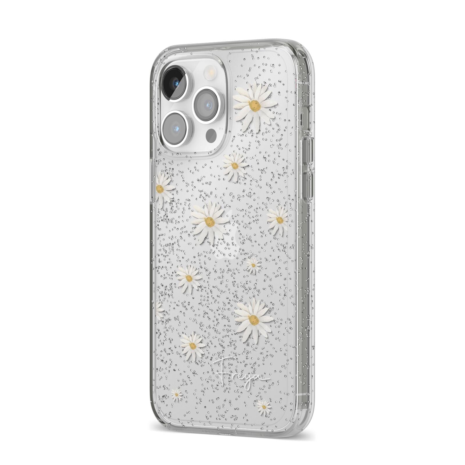 Personalised Vintage Daisy iPhone 14 Pro Max Glitter Tough Case Silver Angled Image