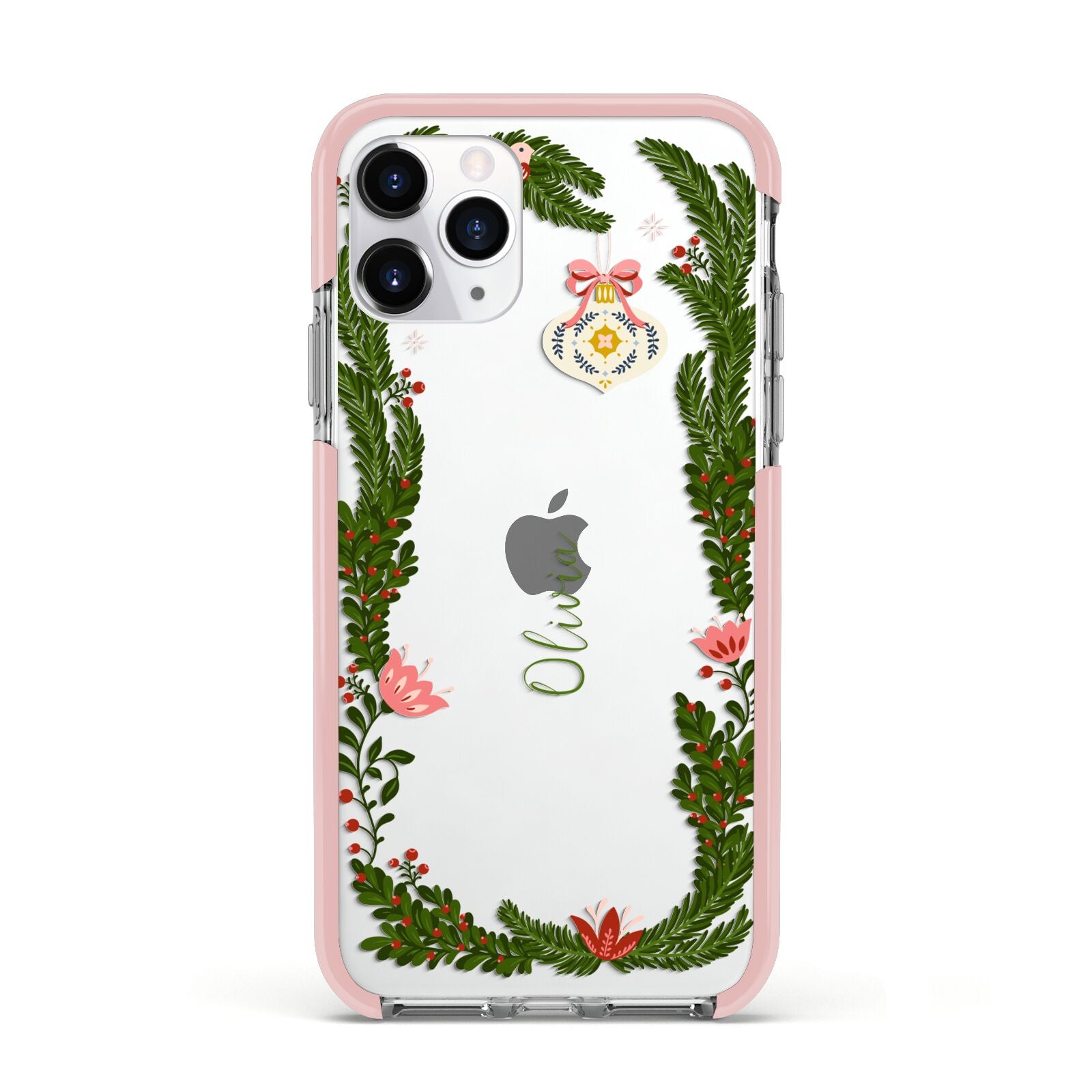 Personalised Vintage Foliage Christmas Apple iPhone 11 Pro in Silver with Pink Impact Case