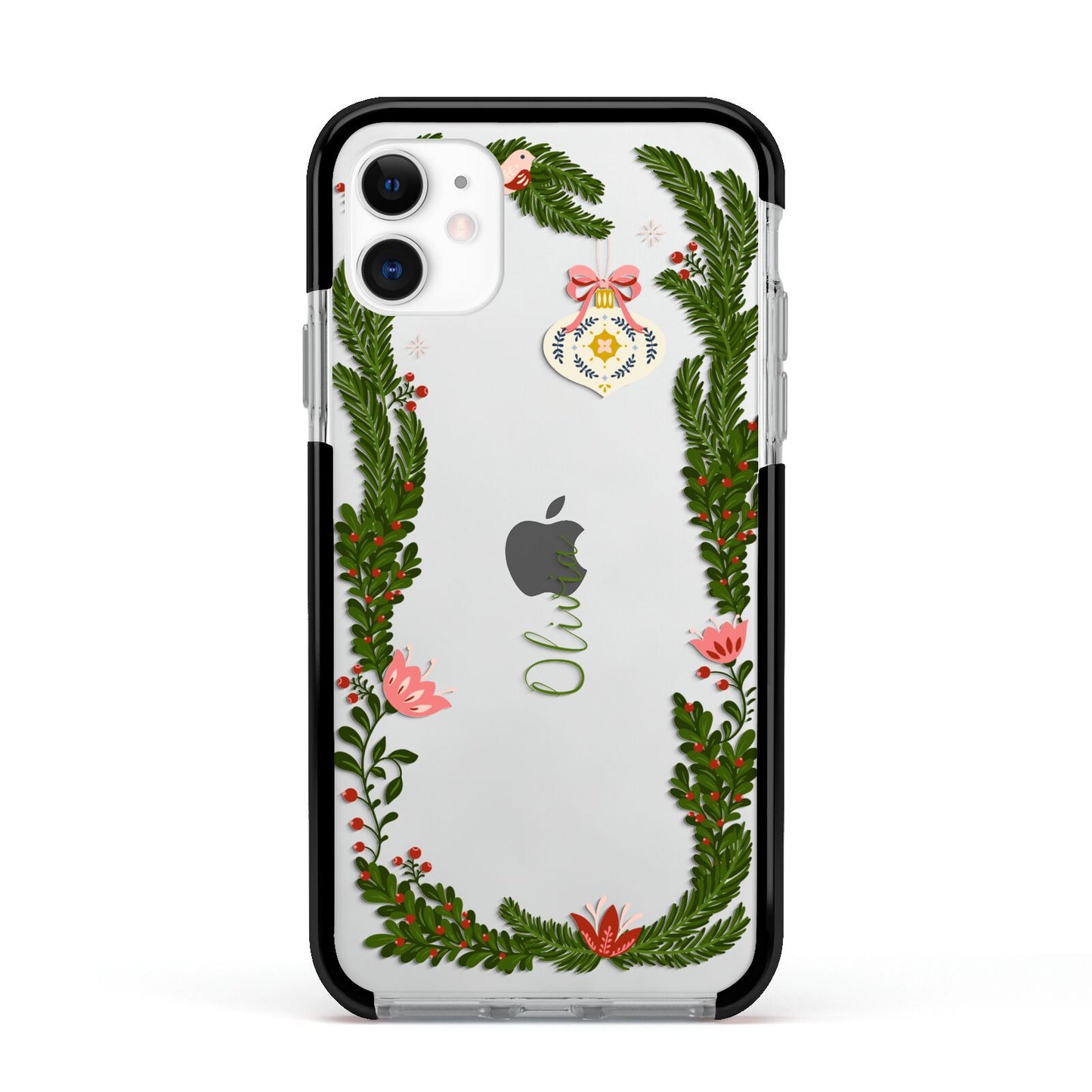 Personalised Vintage Foliage Christmas Apple iPhone 11 in White with Black Impact Case