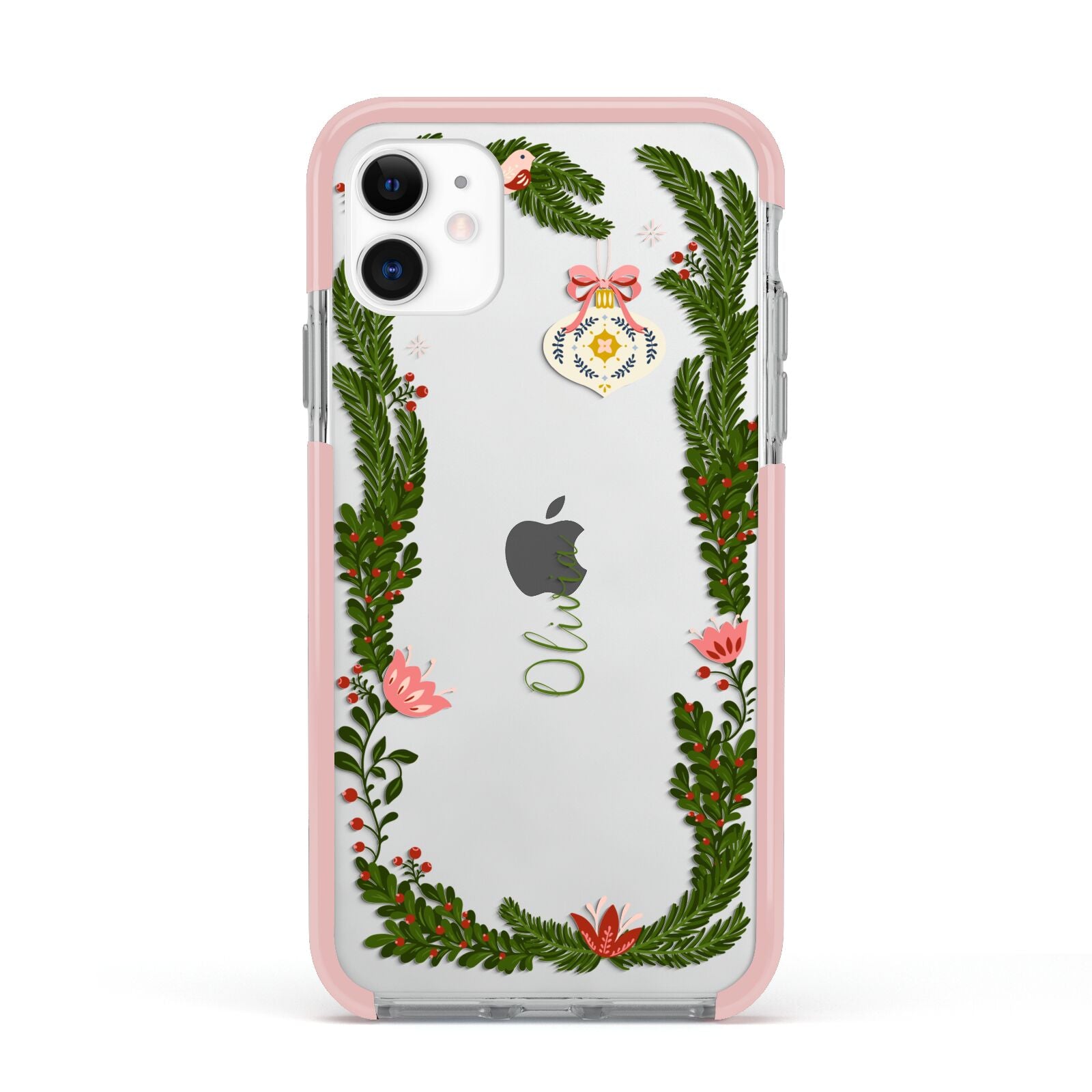 Personalised Vintage Foliage Christmas Apple iPhone 11 in White with Pink Impact Case