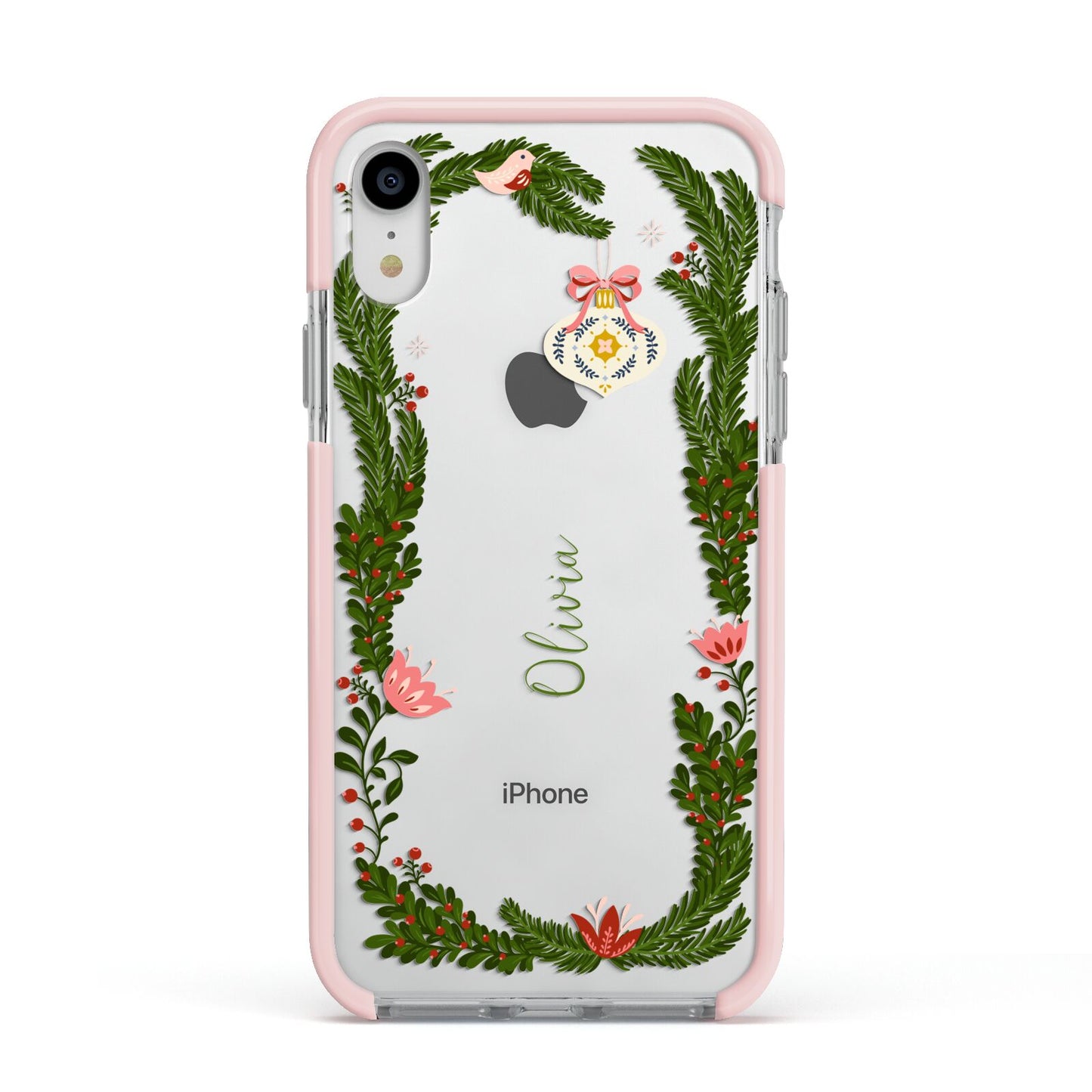 Personalised Vintage Foliage Christmas Apple iPhone XR Impact Case Pink Edge on Silver Phone