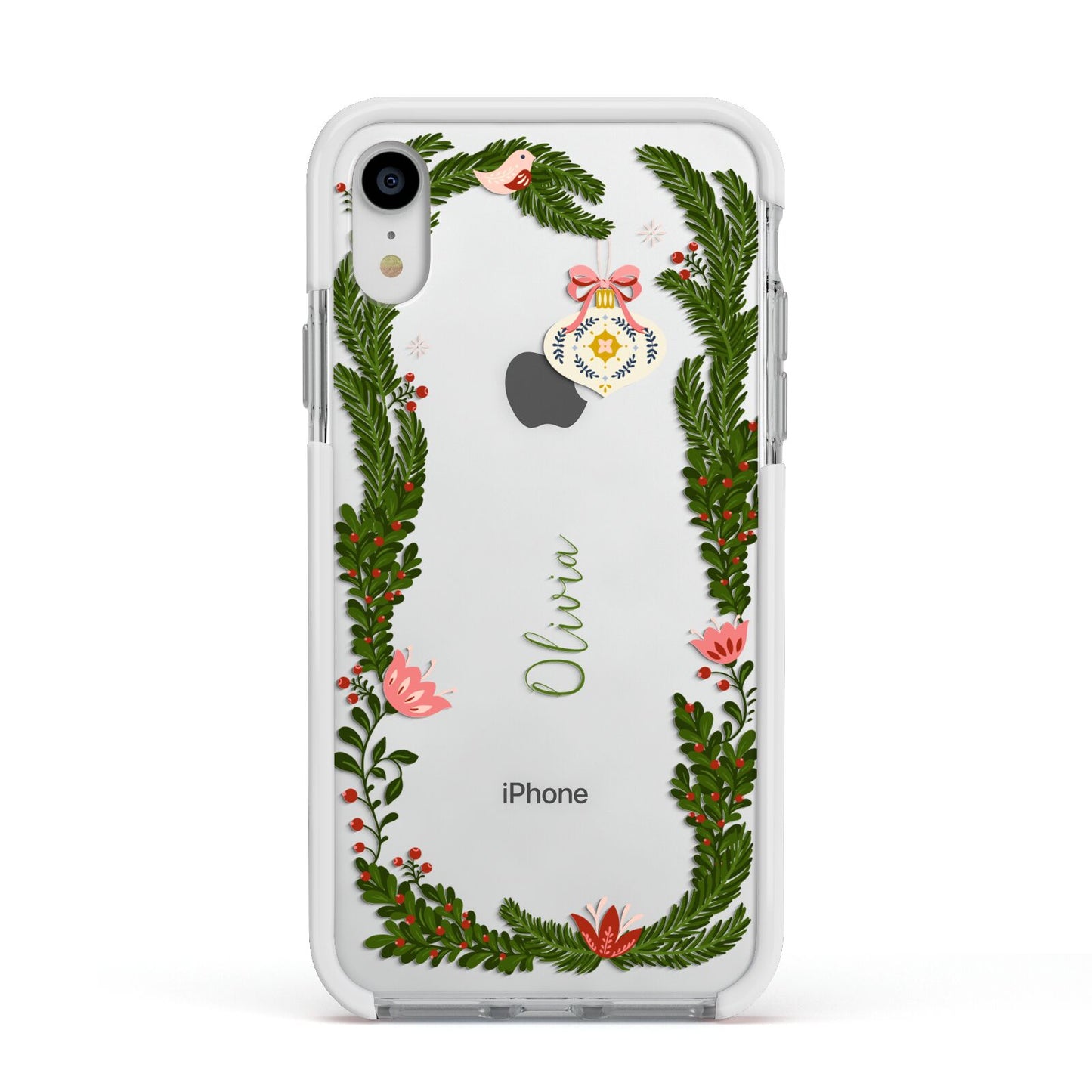 Personalised Vintage Foliage Christmas Apple iPhone XR Impact Case White Edge on Silver Phone