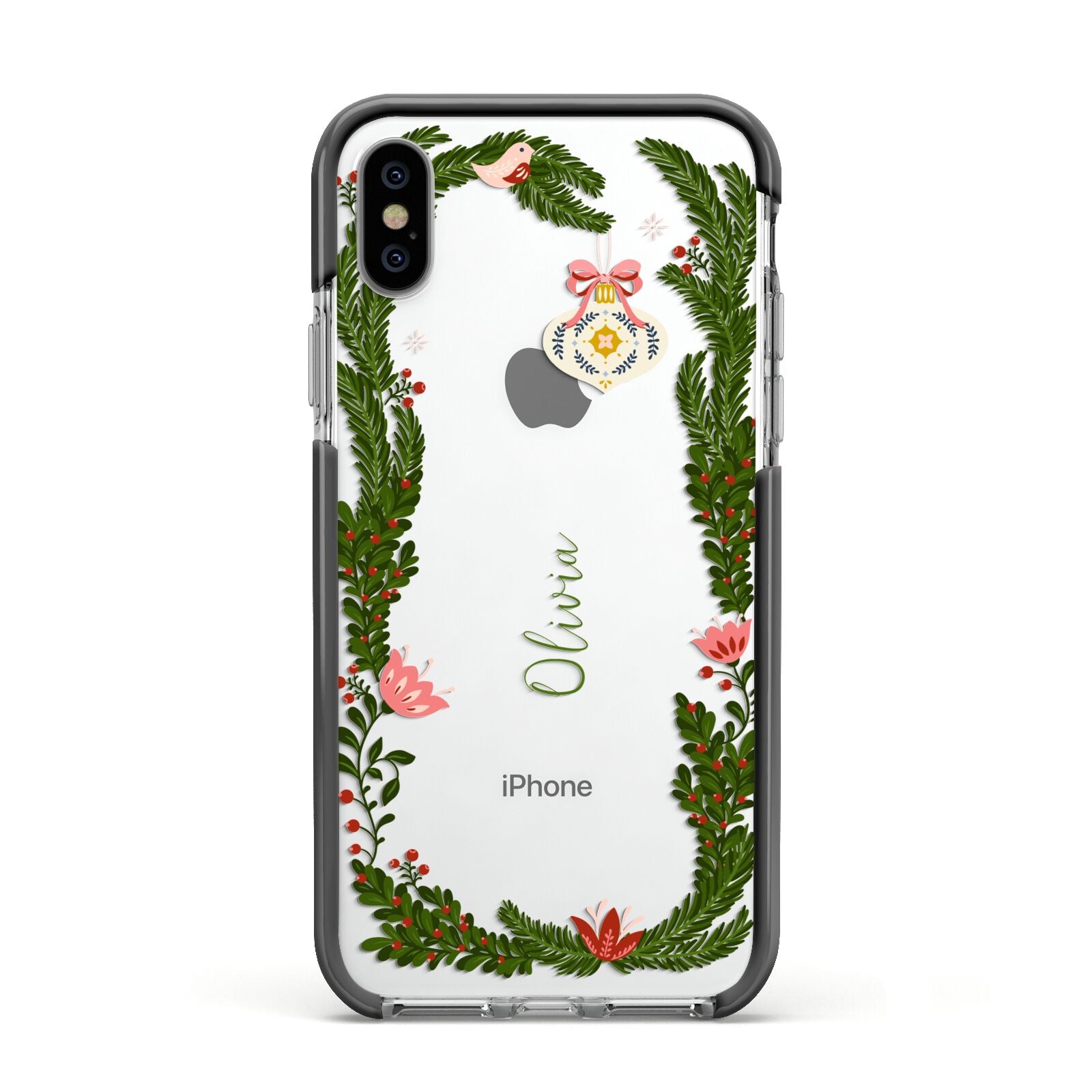 Personalised Vintage Foliage Christmas Apple iPhone Xs Impact Case Black Edge on Silver Phone
