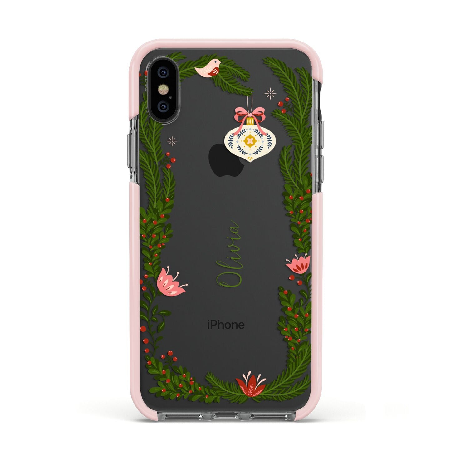 Personalised Vintage Foliage Christmas Apple iPhone Xs Impact Case Pink Edge on Black Phone