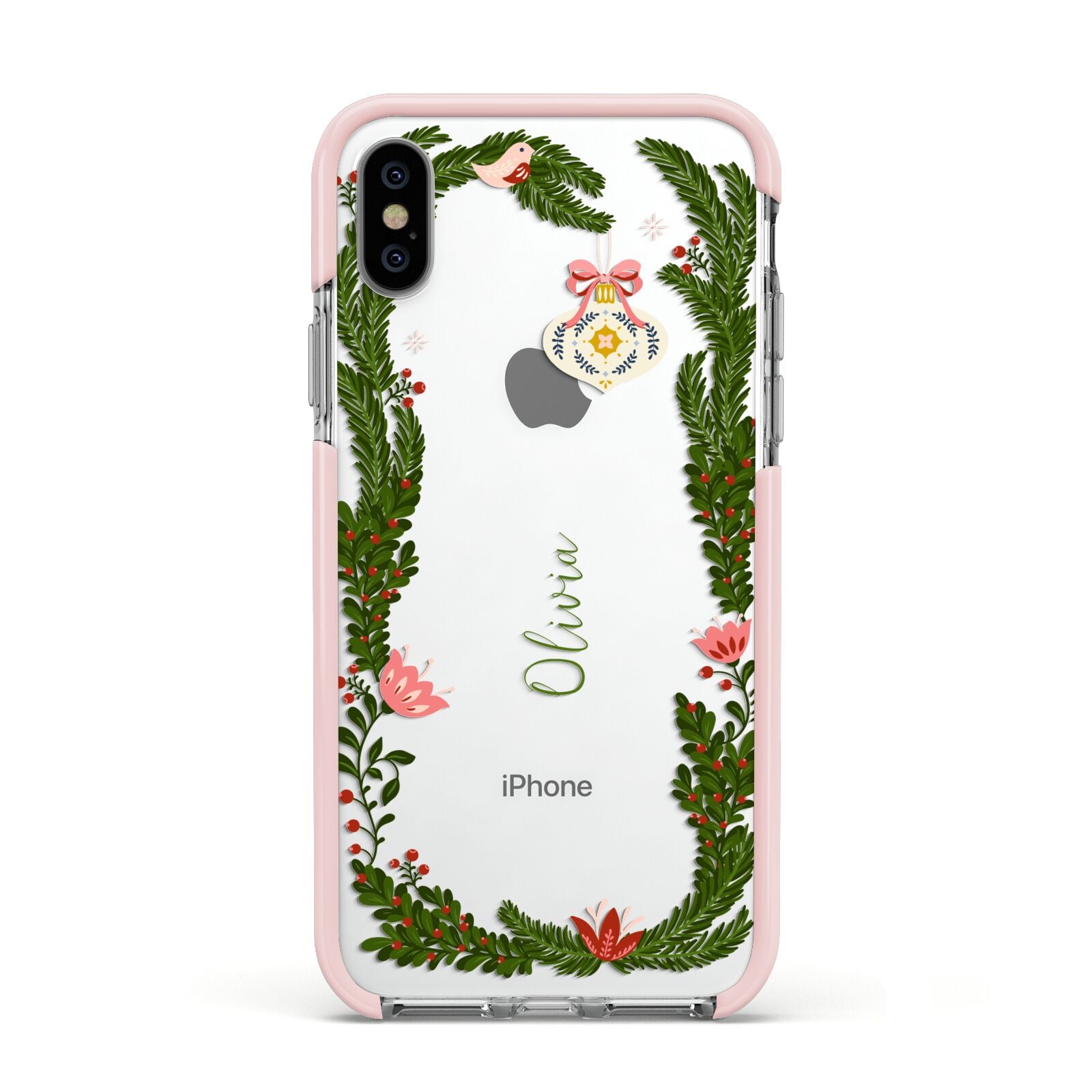 Personalised Vintage Foliage Christmas Apple iPhone Xs Impact Case Pink Edge on Silver Phone