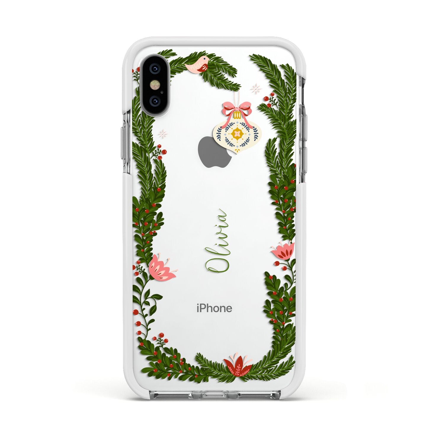 Personalised Vintage Foliage Christmas Apple iPhone Xs Impact Case White Edge on Silver Phone