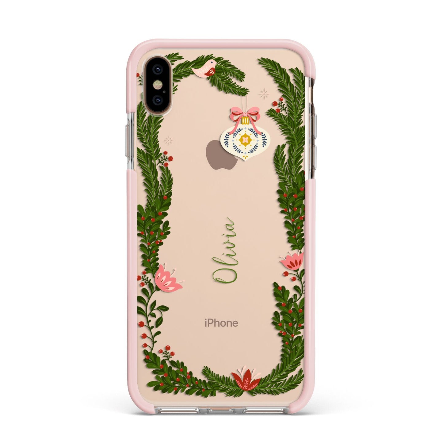 Personalised Vintage Foliage Christmas Apple iPhone Xs Max Impact Case Pink Edge on Gold Phone