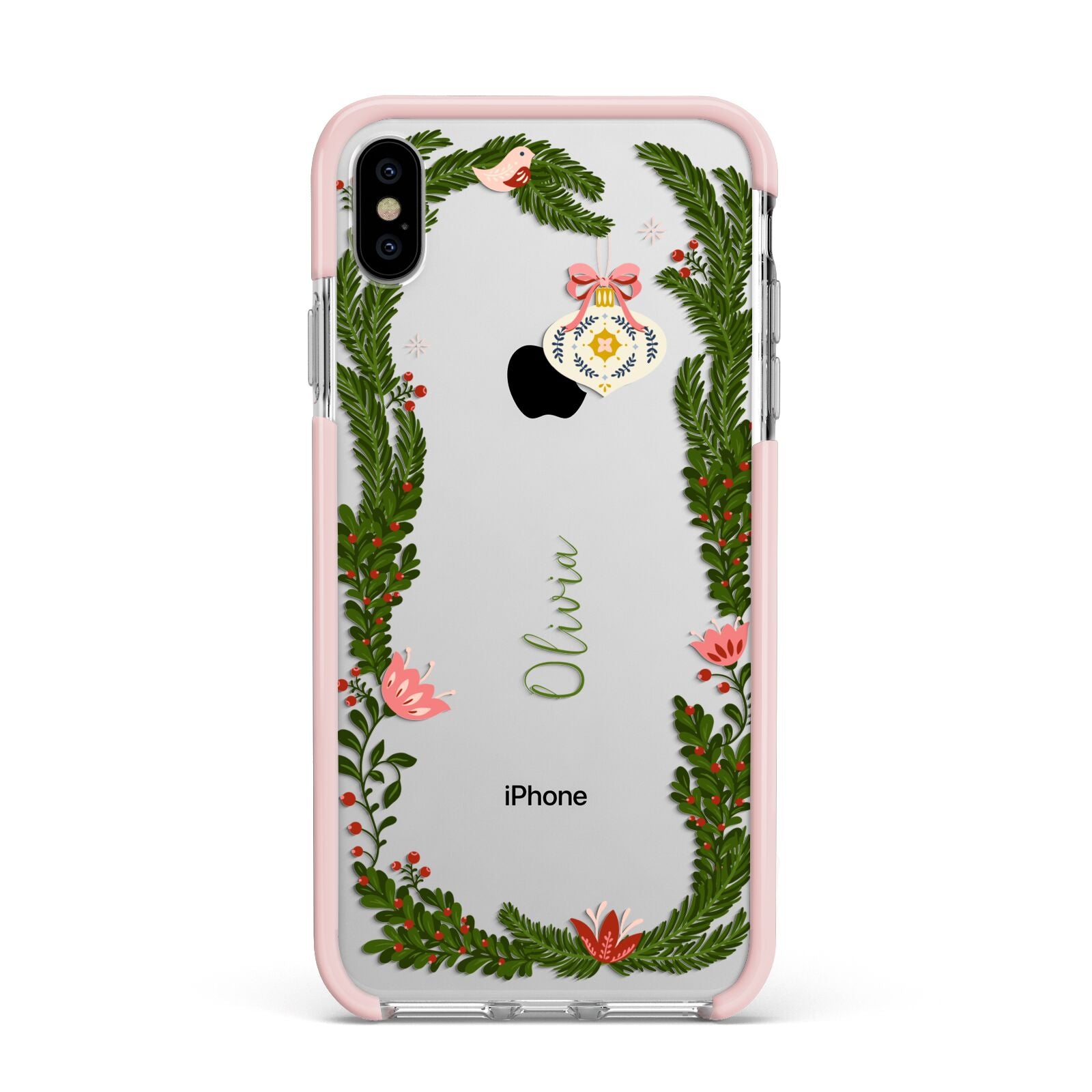 Personalised Vintage Foliage Christmas Apple iPhone Xs Max Impact Case Pink Edge on Silver Phone