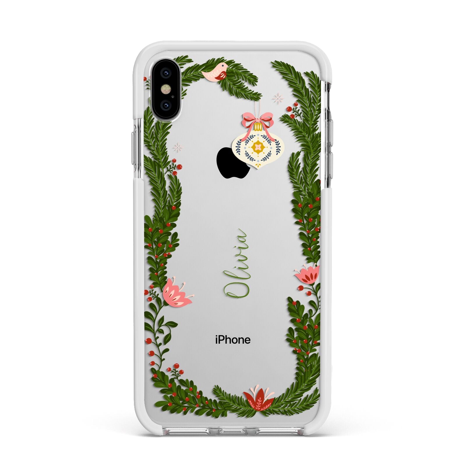 Personalised Vintage Foliage Christmas Apple iPhone Xs Max Impact Case White Edge on Silver Phone